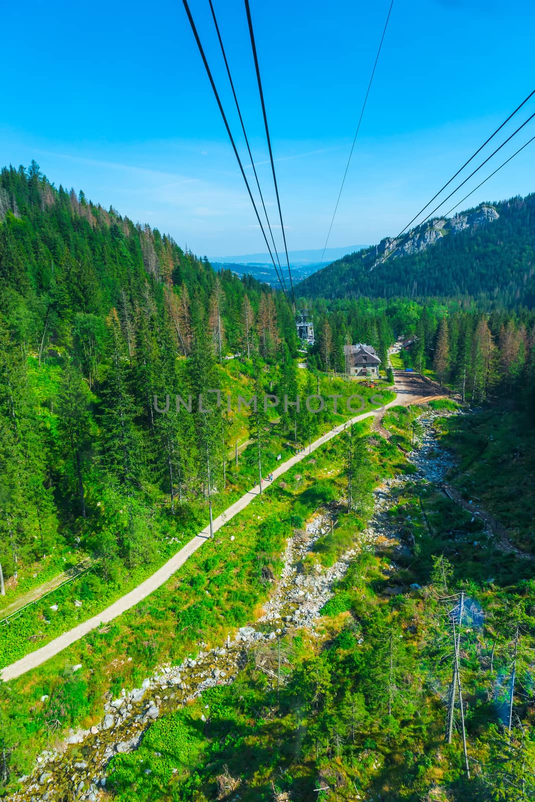 vertical landscape descent from the mountain in the funicular, shooting beautiful mountains from the cabin, Poland