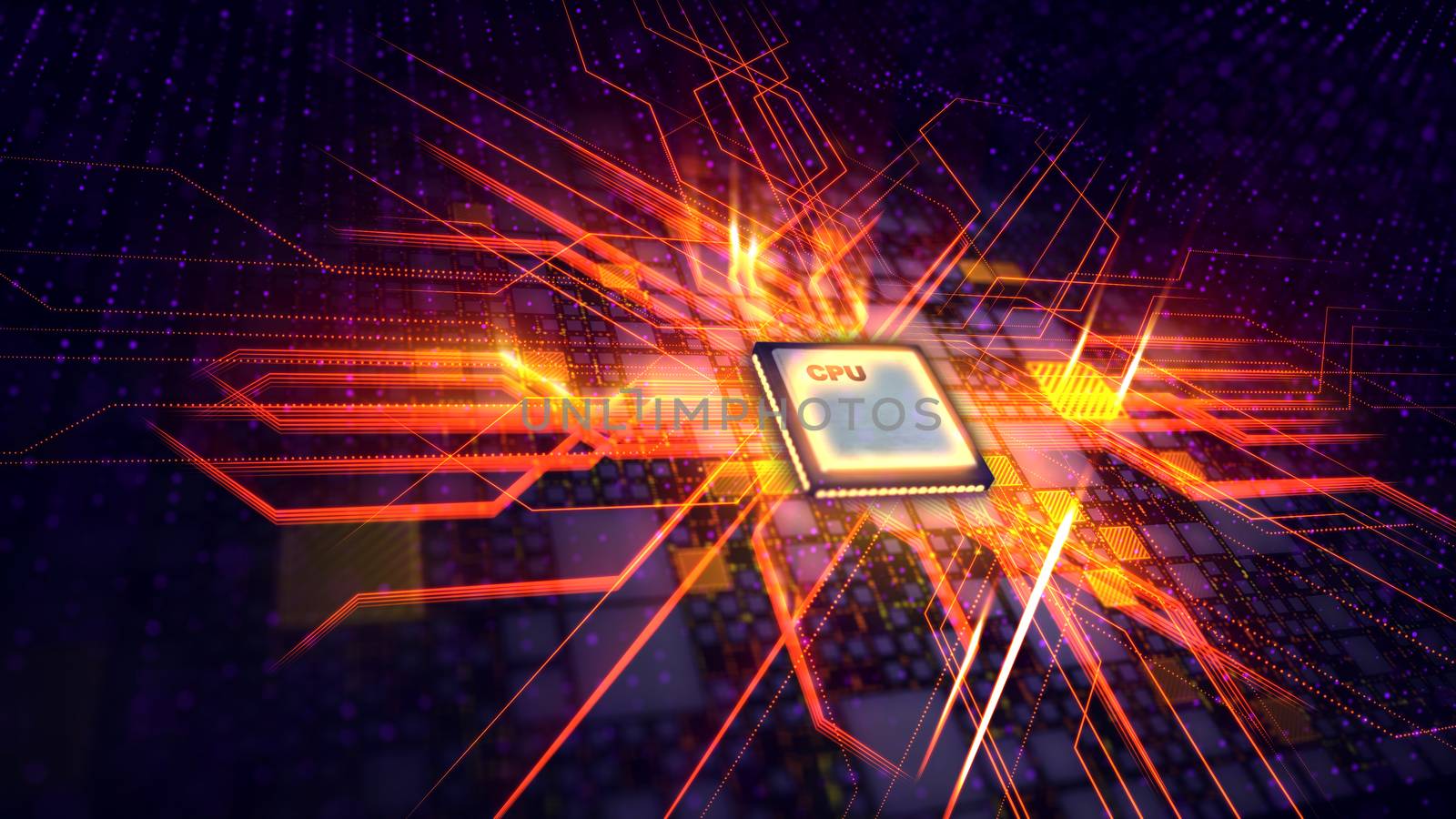 A pioneering 3d rendering of a square CPU processor placed askew in the violet backdrop. It is connected with yellow squares and a grate of lines. The sparkling rays move spherically. 