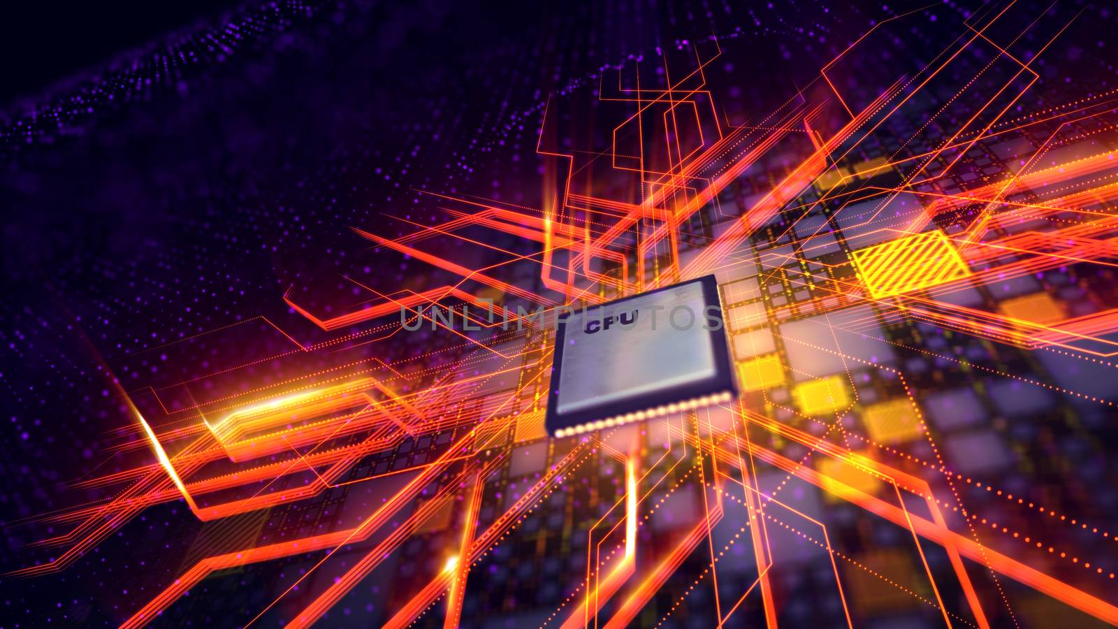 A holographic 3d illustration of a square CPU microprocessor with a line of white dots being put aslant in the black background with golden square plates, rows of violet spots and purple energy pipes.