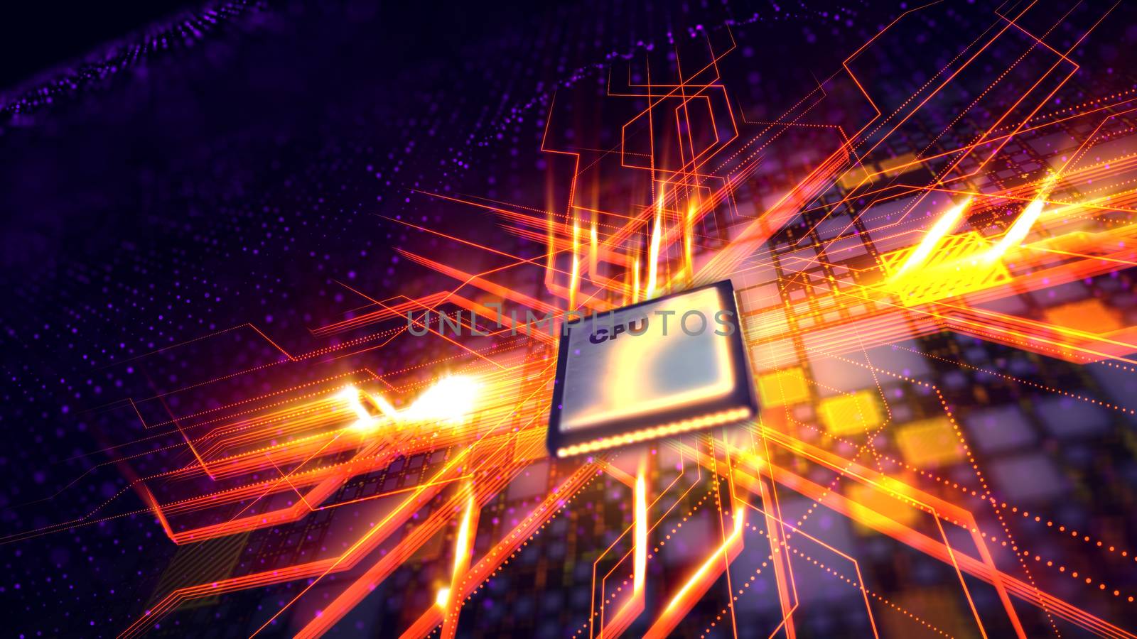 A hi-tech 3d illustration of a square CPU microprocessor with plasma discharges around being put diagonally in the black motherboard with yellow plates, violet dots and red energy lines. 