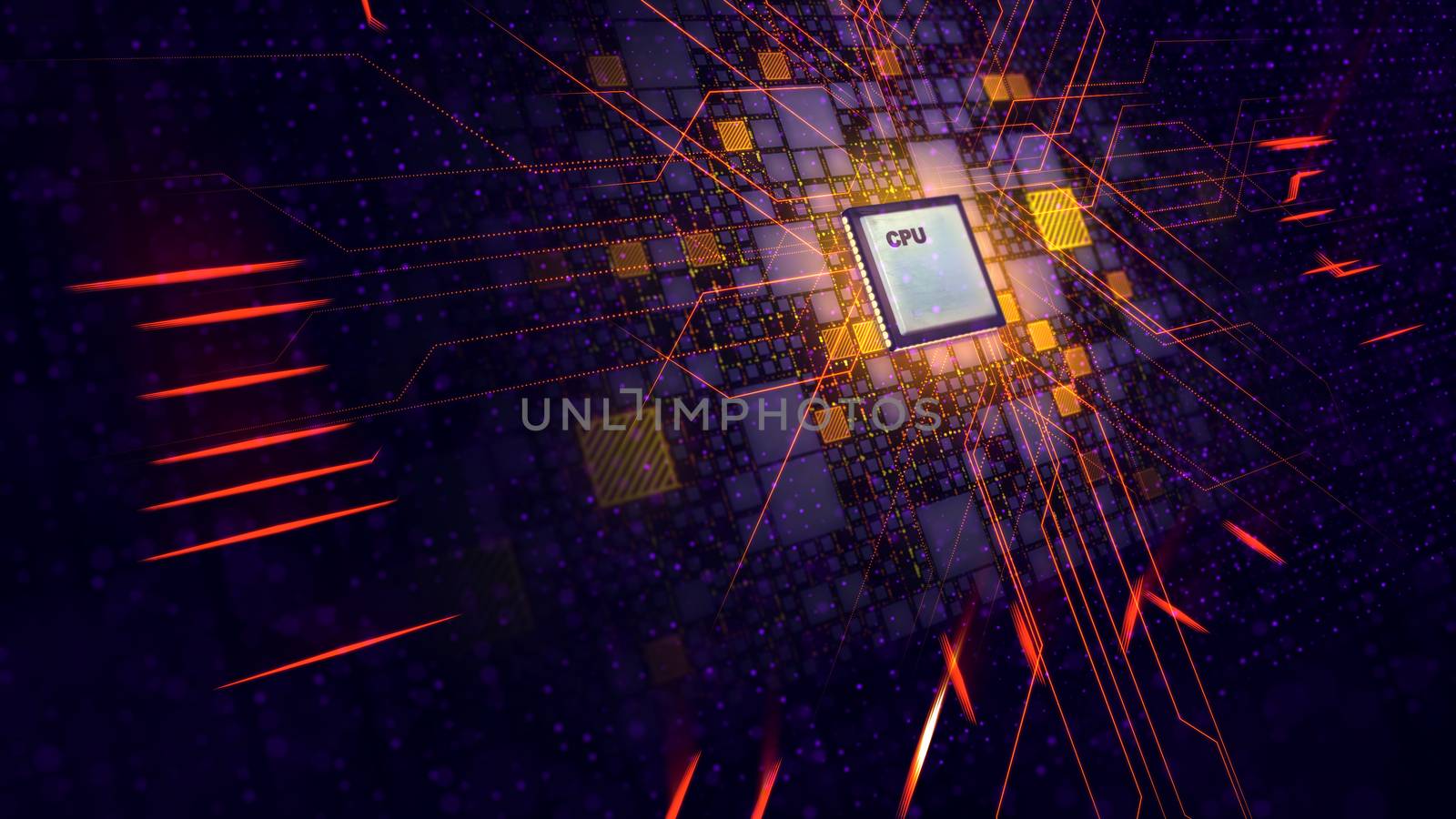 A fantasy 3d illustration of a square CPU tablet with diagonal and straight energy rays resembling some futuristic robot face in the black background with golden and violet plates and spots. 