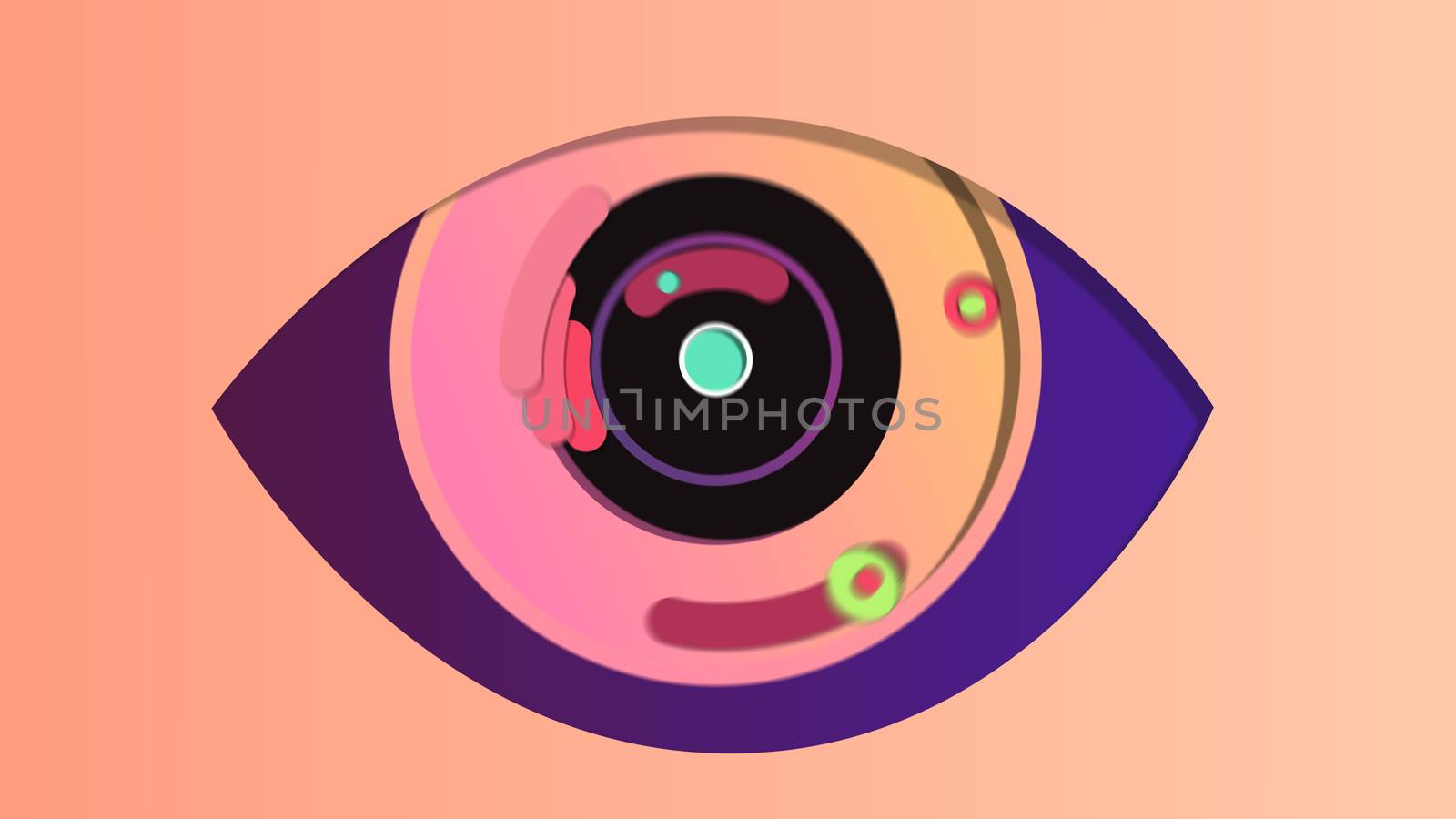 An optimistic 3d illustration of a technological eye with a black pupil, rosy iris and dark blue retina, placed in the center in the pink background. It has shutters and tiny cameras. 