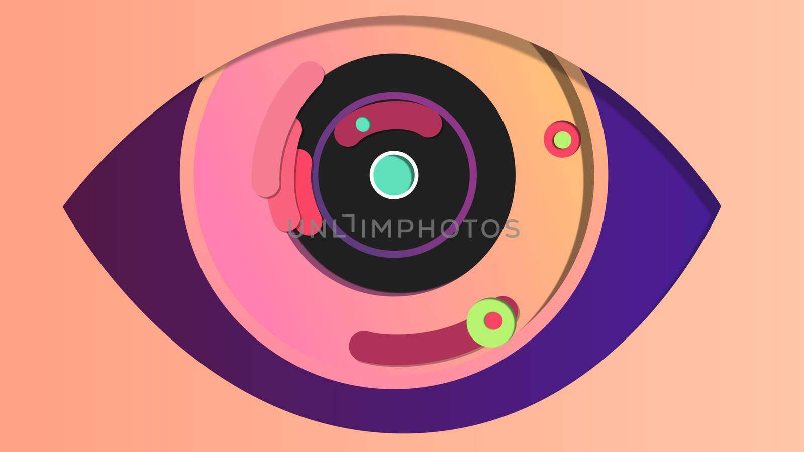 3d illustration of an electronic eye with a black pupil, pink iris and dark blue retina, in the light pink background. It has shutters and tiny cameras. It reminds about advance of technologies.