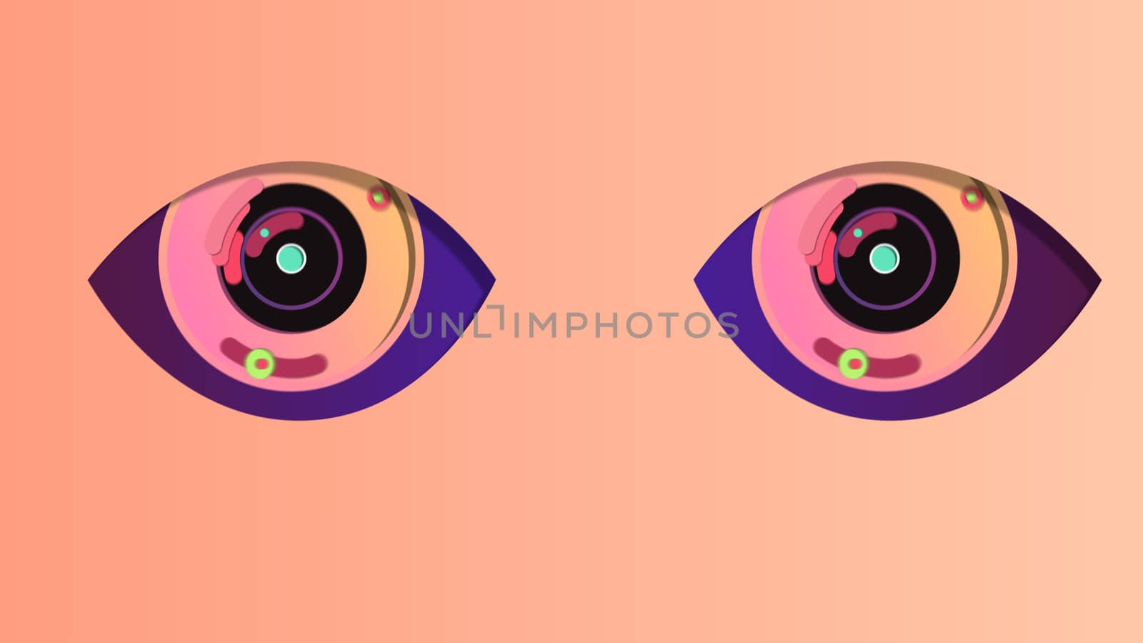 A cheery 3d illustration of two artificial eyes with black pupils, rosy irises and blue retina. They look attentively in the pink backdrop. They have some spotty technological devices inside. 