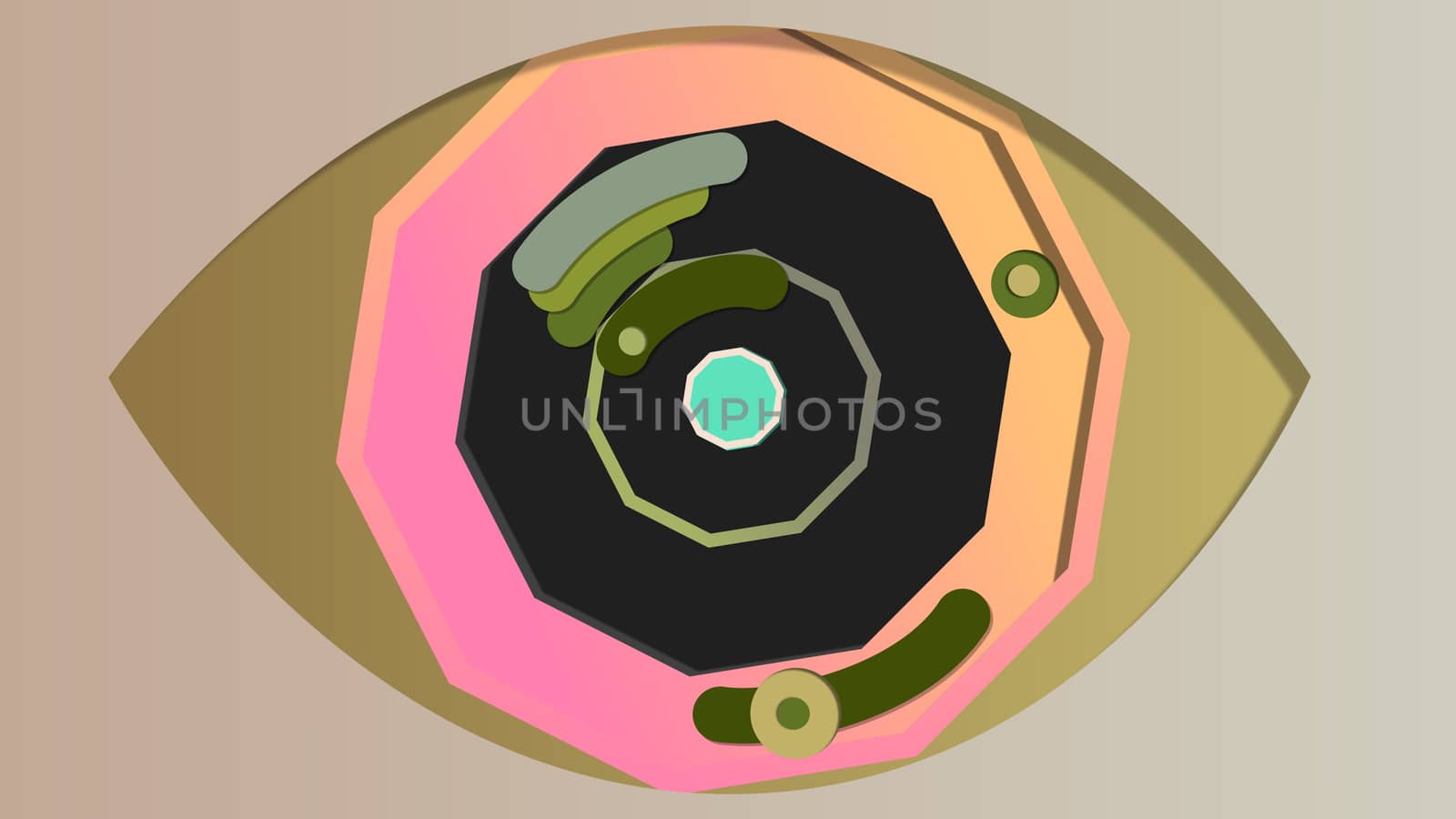 An enigmatic 3d illustration of a manmade eye with an octagonal blue pupil, black and grey iris and khaki retina, placed in the center of the grey backdrop. It has small cameras in slots. 