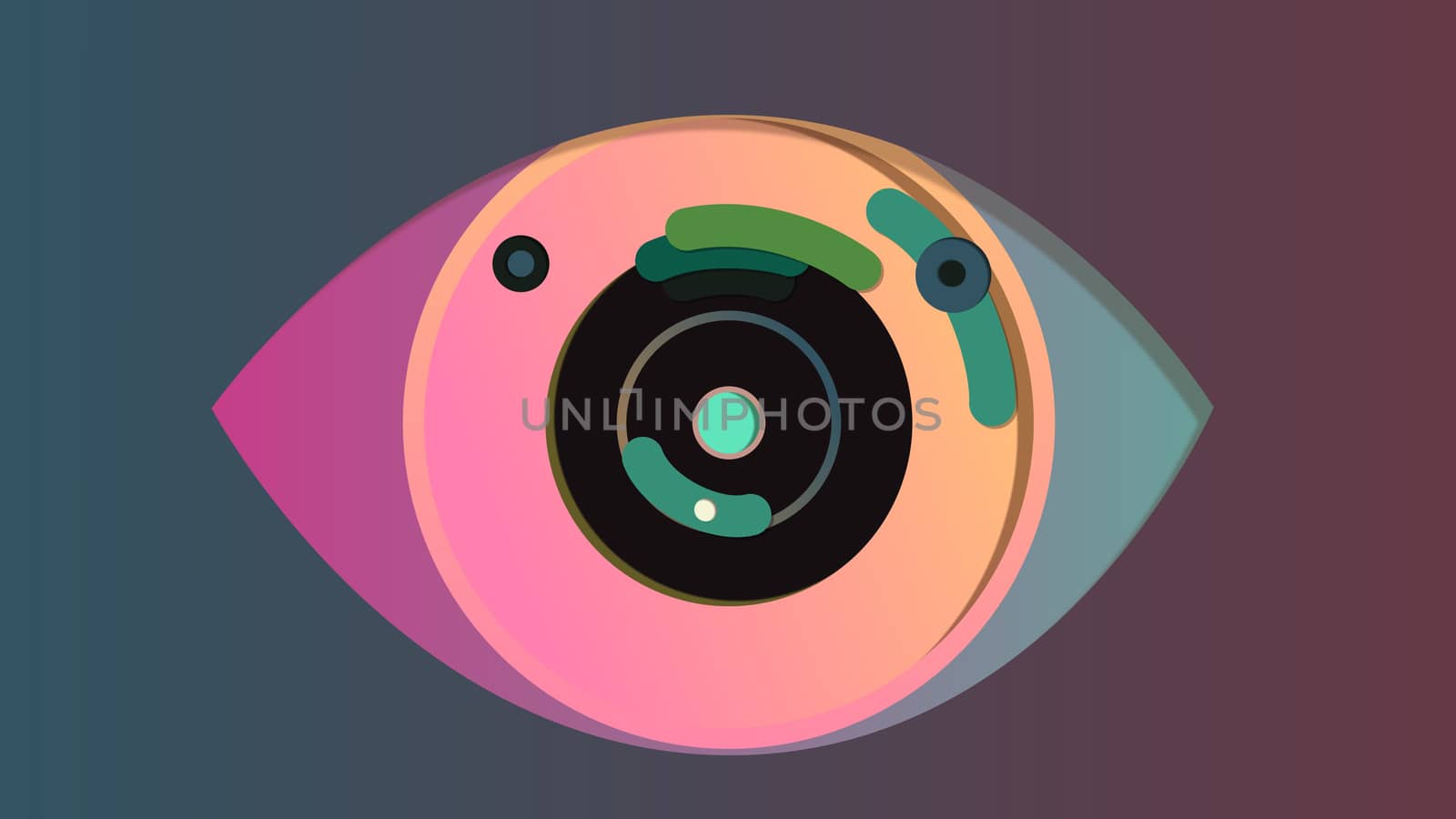 A cutting edge 3d illustration of an artificial eye with a round blue pupil, black and pink iris and violet and grey retina, put in the center of the grey and violet backdrop. It has modern cameras. 