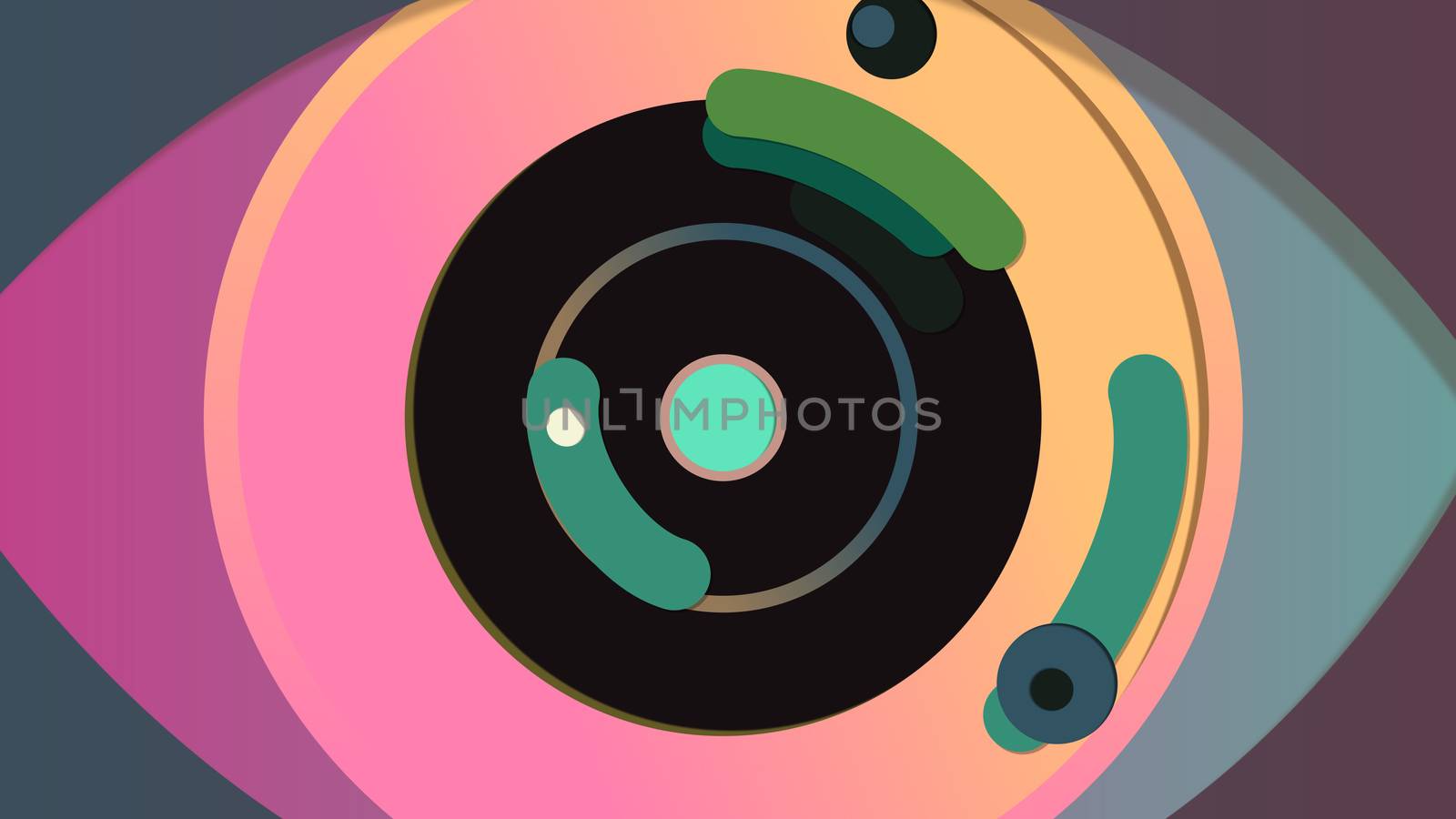 3d illustration of a hi-tech eye with a round blue pupil, black and pink iris and purple and grey retina, put in the center of the colorful backdrop. It has several black cameras in splits. 