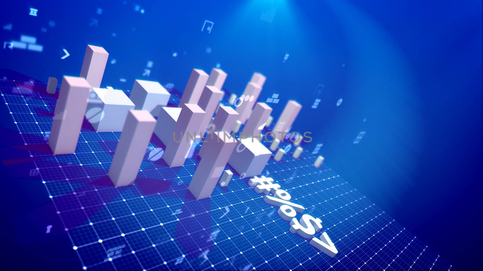 A trailblazing 3d illustration of a bar chart and computer symbols including angle bracket, number, dollar and percent put diagonally on a rigid network in the blue background. The profit is surging.