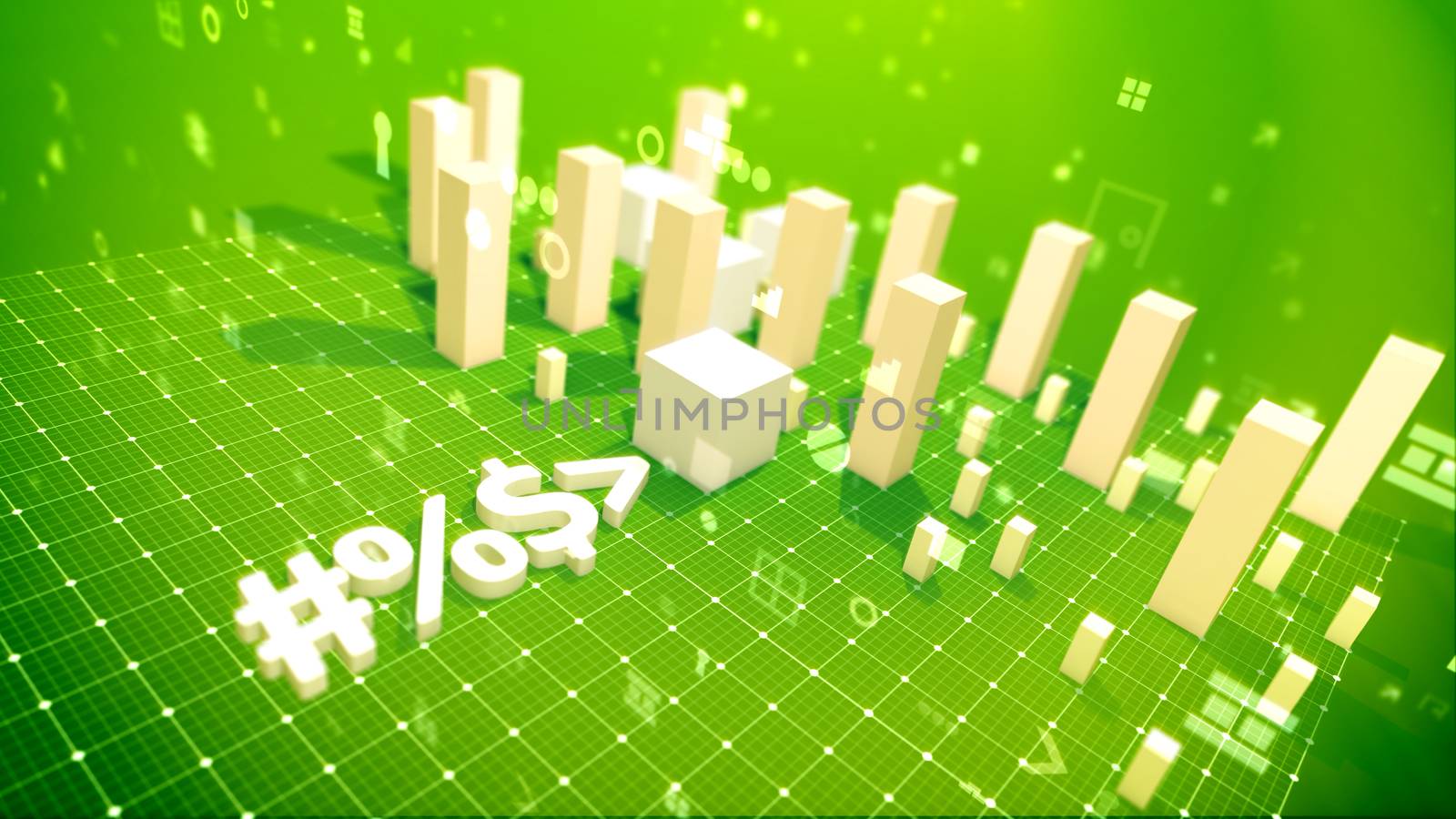 A holographic 3d illustration of a bar chart and an arrow placed on a white grid. The white columns denoting some economic indicators grow showing some reliable business profit. 