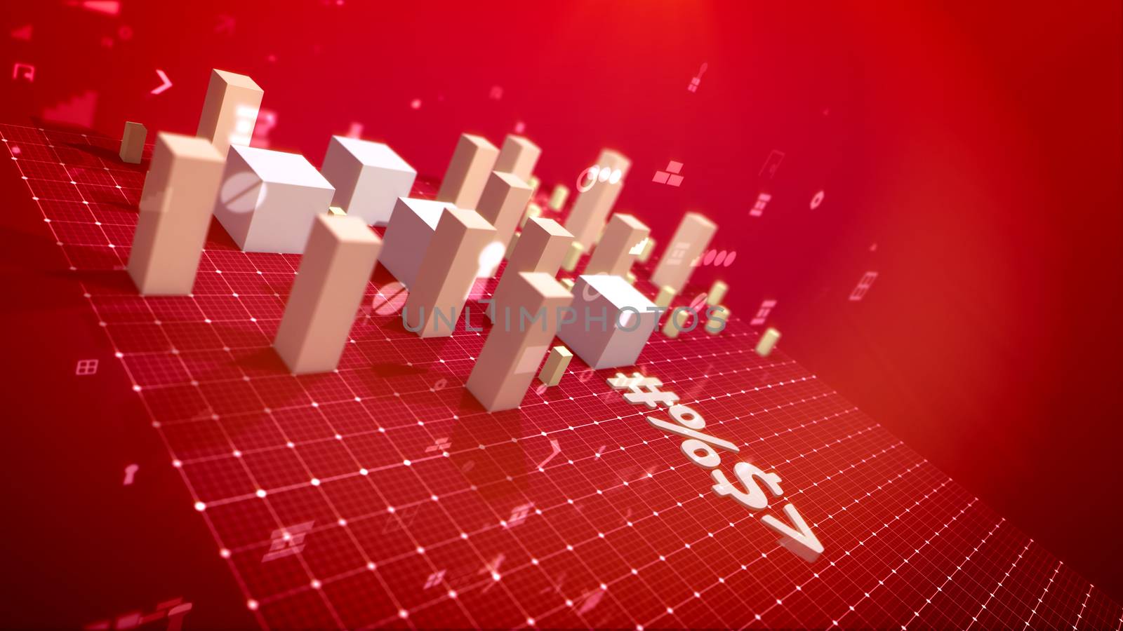 A holographic 3d illustration of a bar chart and computer signs including angle bracket, number, dollar and percent put askew on the grid in the scarlet background. The white cubes are surging.