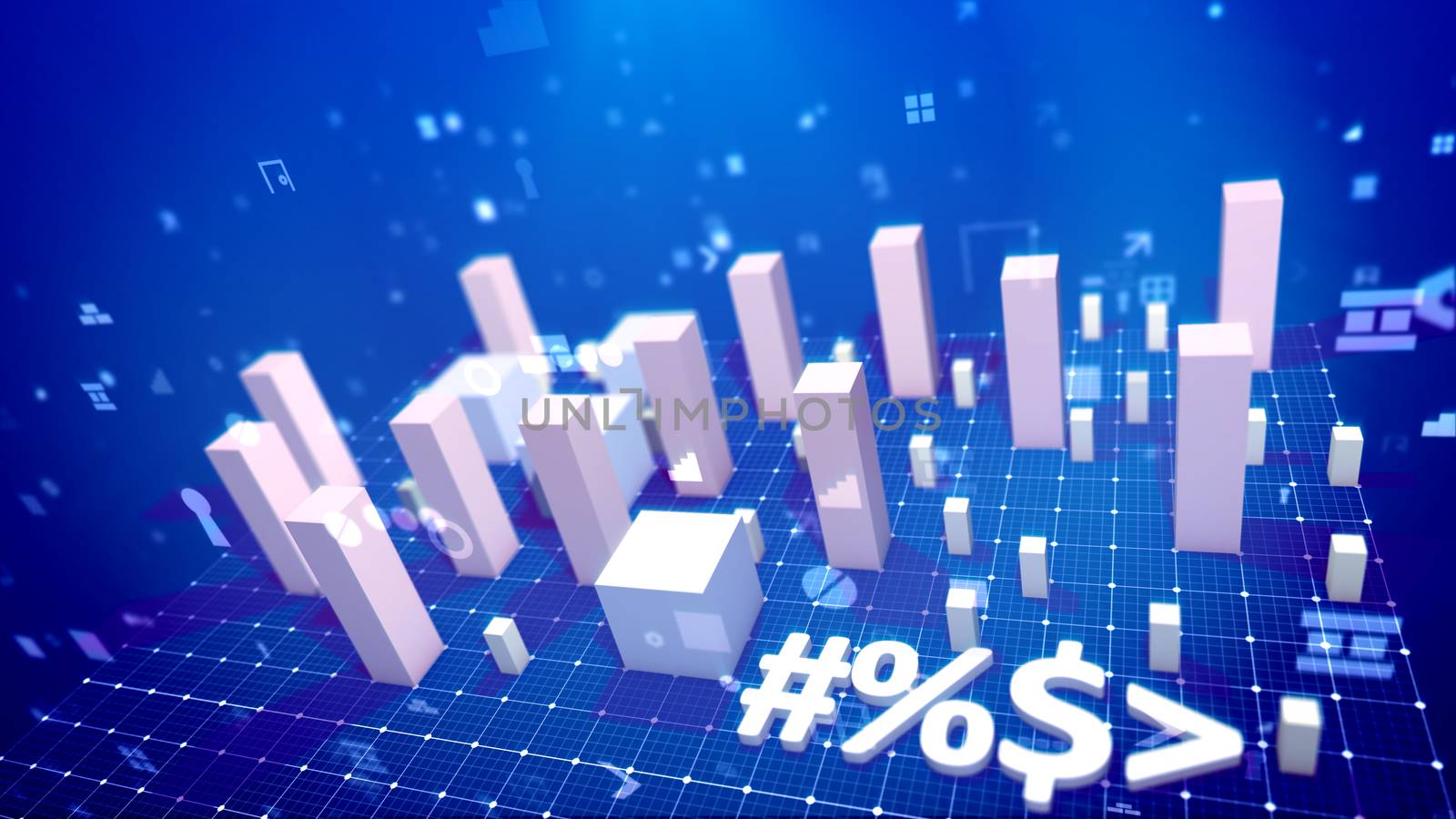 A splendid 3d illustration of a bar chart with going up rectangular and cubic business columns meaning in the blue background. There are the computer signs of dollars, numbers and percent.