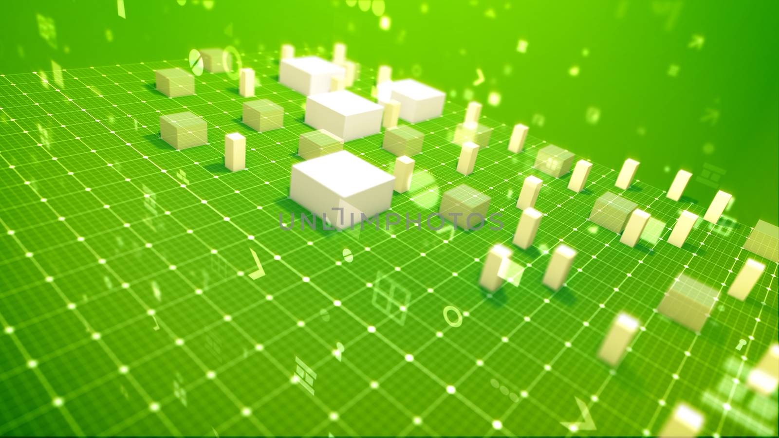 A victorious 3d illustration of a bar chart with jumping columns denoting profit in the green backdrop placed diagonally with flying zeroes, spots, key holes, arrows and other computer symbols. 