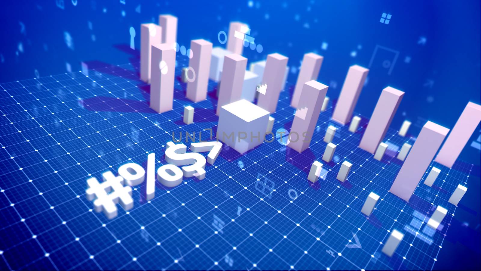 An innovative 3d illustration of a bar chart with growing cubic columns meaning revenue in the blue background located askew with whirling spots, key holes, angles and other computer signs. 