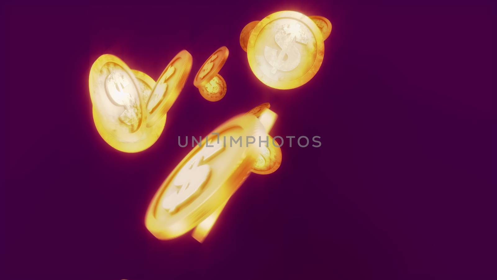 An optimistic 3d illustration of glittering dollar coins jazzing merrily in the dark violet background. They jump and whirl cheerfully and generate the mood of fortune, success and confidence