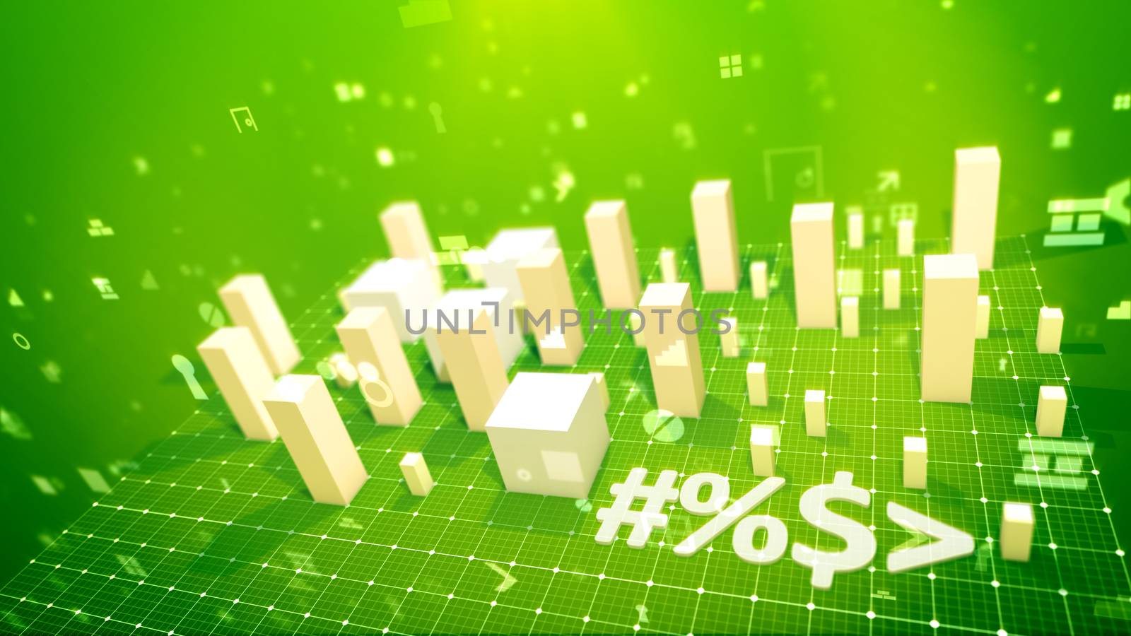 An exciting 3d illustration of a bar chart with rising rectangular columns meaning profit in the salad backdrop put diagonally with soaring spots, key holes, angles, windows and other pc symbols. 