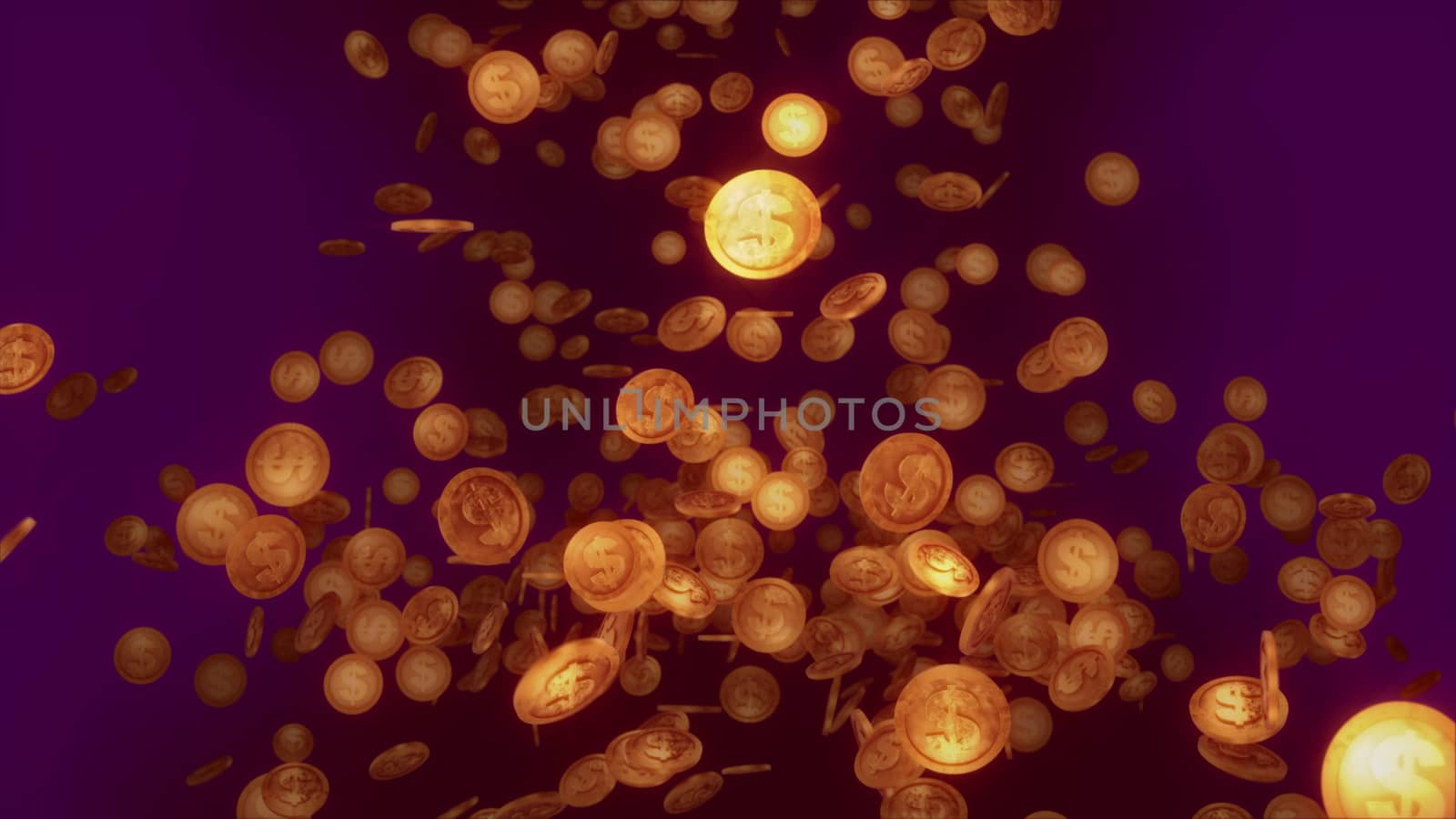 An optimistic 3d illustration of shining round coins spinning and whirling hilariously in the dark brown and violet background. They twist and fly and bring the feeling of wealth and happiness.