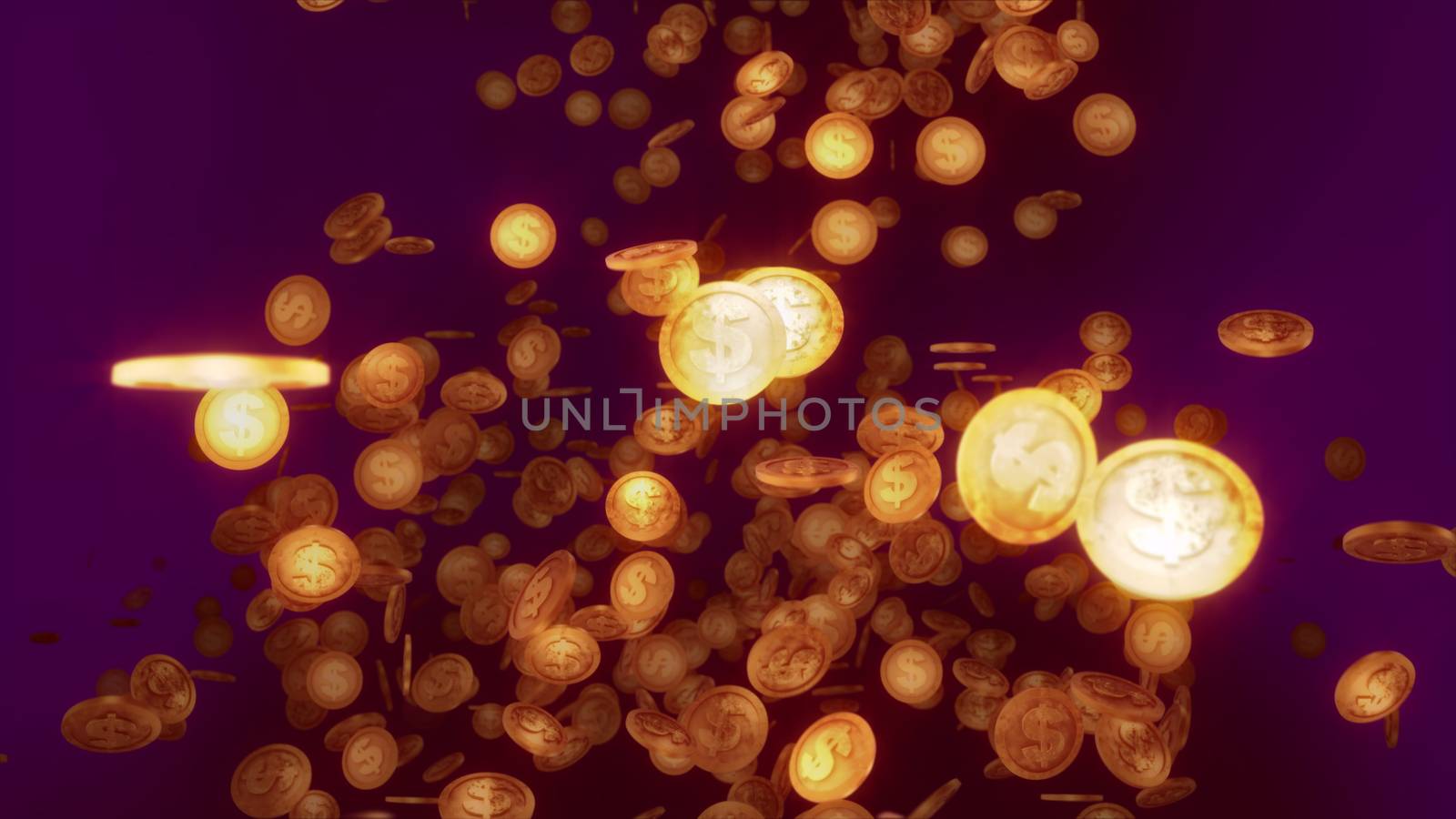 A happy 3d illustration of shimmering round dollar coins soaring like a flow in the dark violet background. They rotate and sparkle optimistically and give the feeling of triumph