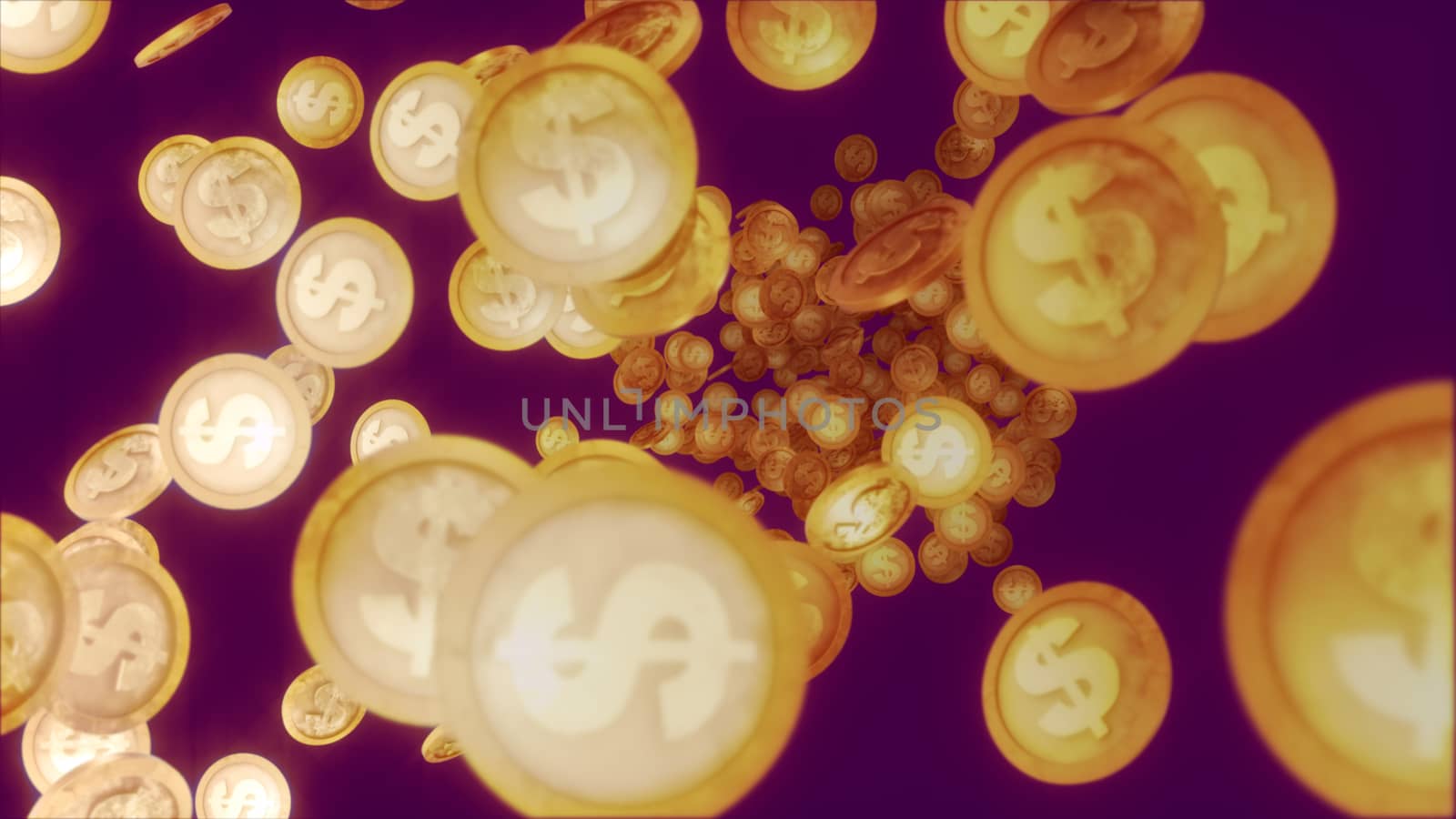 A cheery 3d illustration of playing golden dollar coins bouncing and spinning in the dark violet background. They dance and shine optimistically giving the feeling of wealth and success.