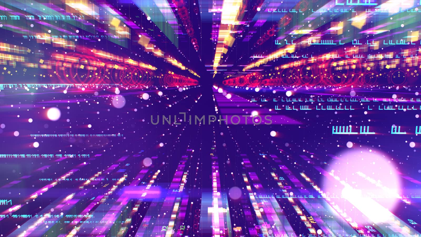 A cutting edge 3d illustration of a sparkling colorful space configuration looking like a bunch of extra long columns forming a time tunnel for advanced spaceships in the violet background.