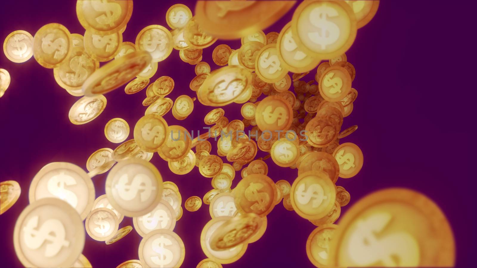 A cheery 3d illustration of shimmering dollar coins falling like a golden rain in dozens and looking hilariously in the dark violet background. They spin and give the feeling of luck and wealth.