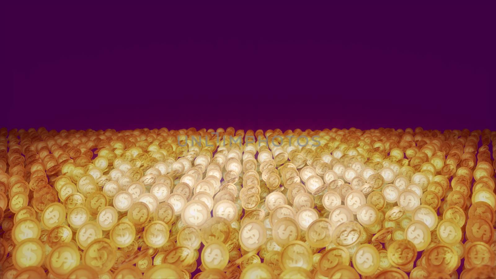 A hilarious 3d illustration of dancing golden coins placed in several surfaces and straight rows. They spin and whirl happily in the dark violet background. They generate the mood of success.