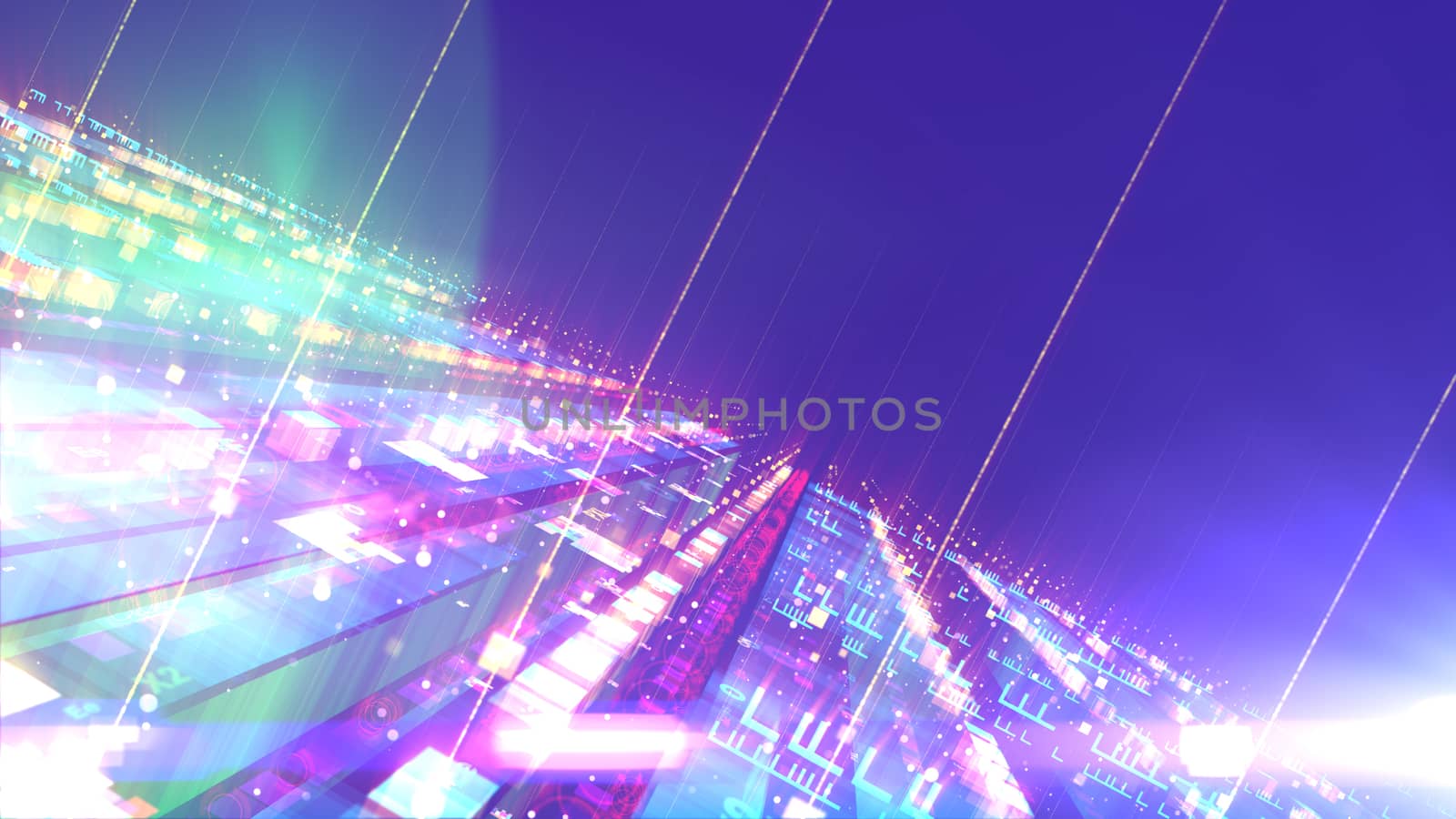 A stunning 3d illustration of a computer space structure depicted in a holographic way with flat surfaces fixed to each other. They are glittering, technological and have advanced forms.