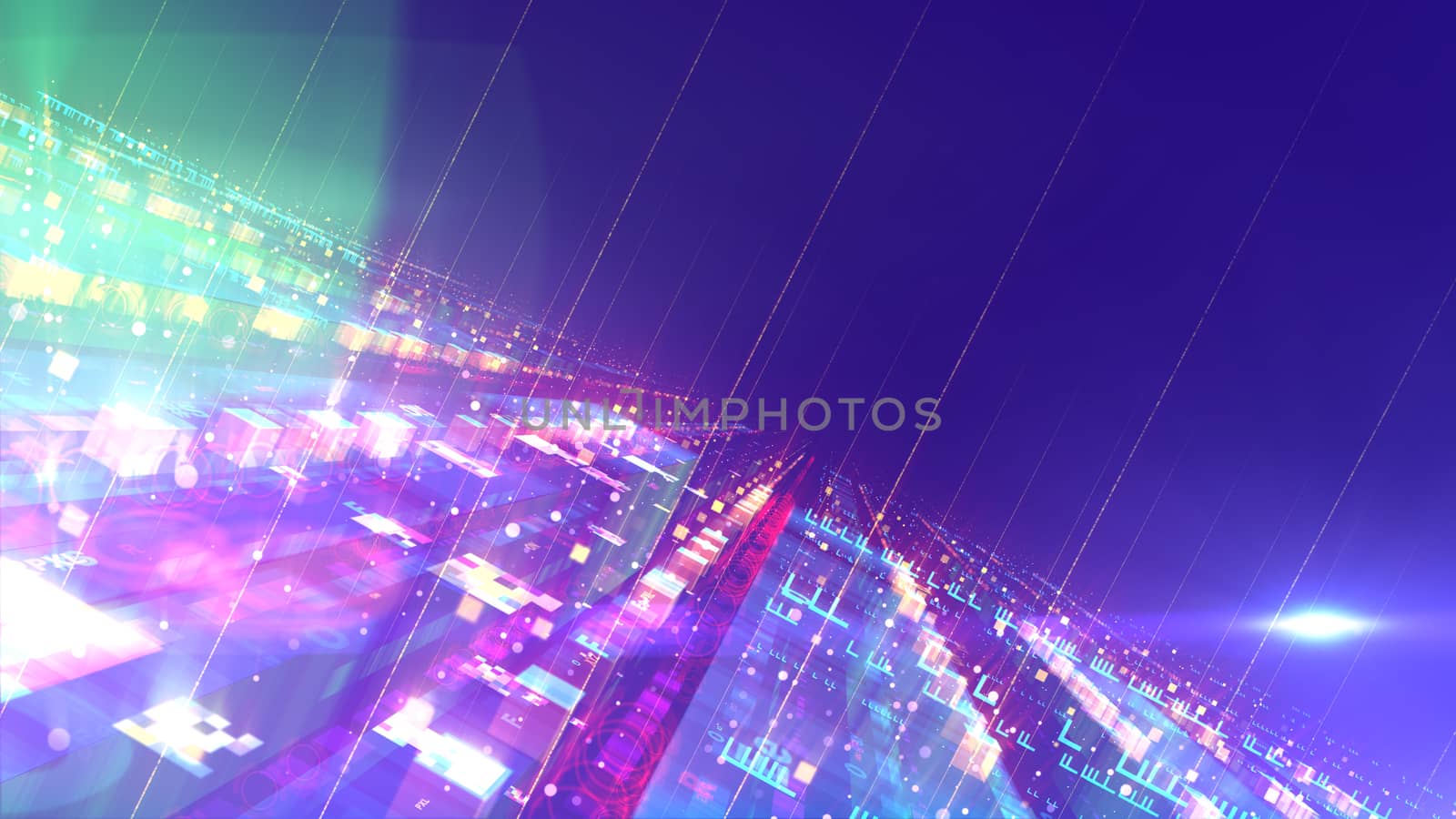 A fantastic 3d illustration of a space design construction put aslant with several structures located on each other. They are shining, crystalline and have enigmatic forms in the blue background.