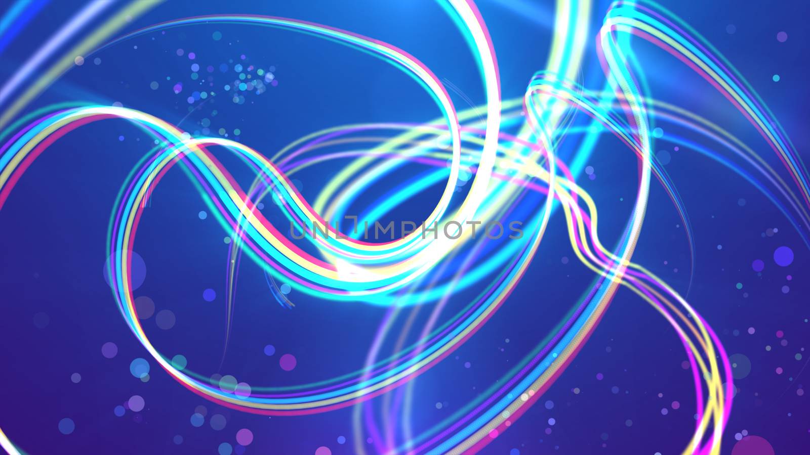 An exciting 3d illustration of colorful rainbow stripes making wavy turns and loops in the blue background. Some crystalline clear spots are soaring between them cheerfully.
