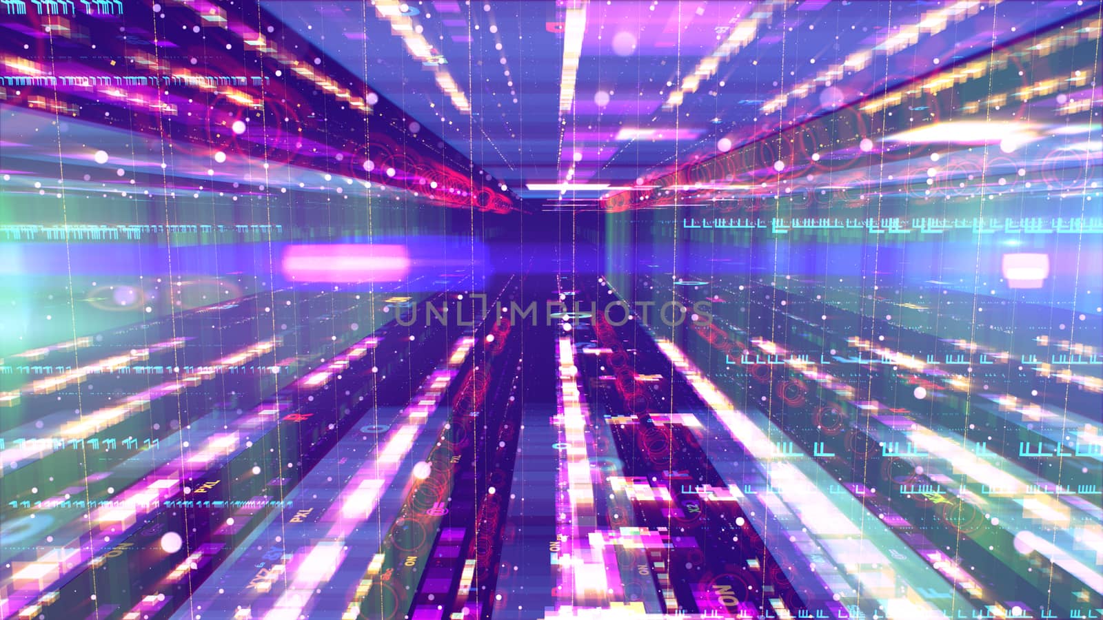 3d illustration of a sloping space design construction with several surfaces imposed on each other. They look like sparkling giant skyscrapers flying close to each other in the violet universe.