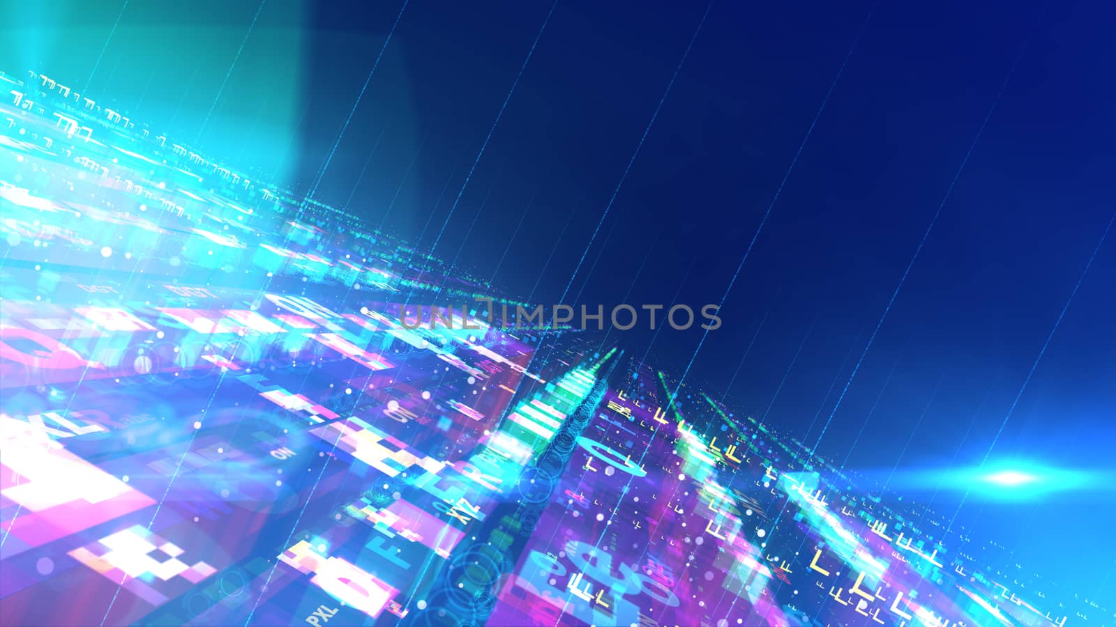 A wonderful 3d illustration of a slanting space design structure with sparkling flat surfaces and antennae fixed to them. Some bright flying saucer is soaring nearby in the blue background.