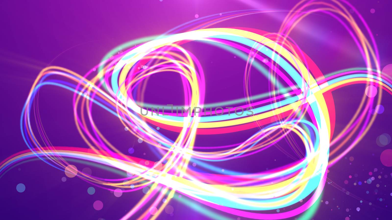 An impressive 3d illustration of multicolored rainbow strokes making curvy turns and loops in the violet backdrop. Some bubble looking spots are flying between them. The stripes move forward.