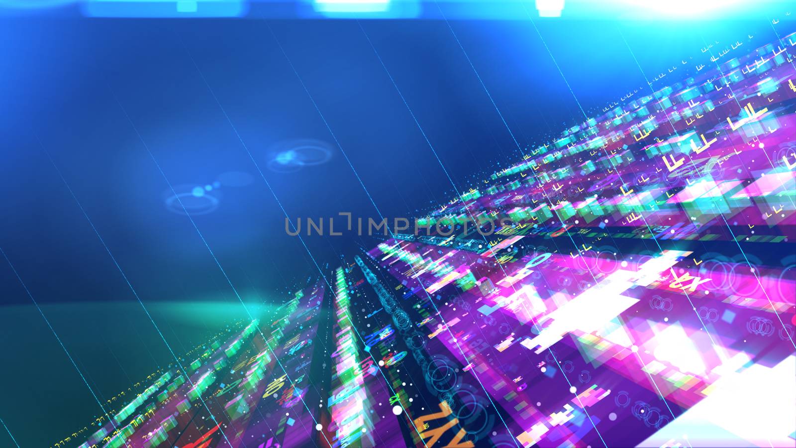 A striking 3d illustration of a flickering space station with level and multicolored surfaces with rectangular houses on them and flying spaceships resembling circles in the blue universe.