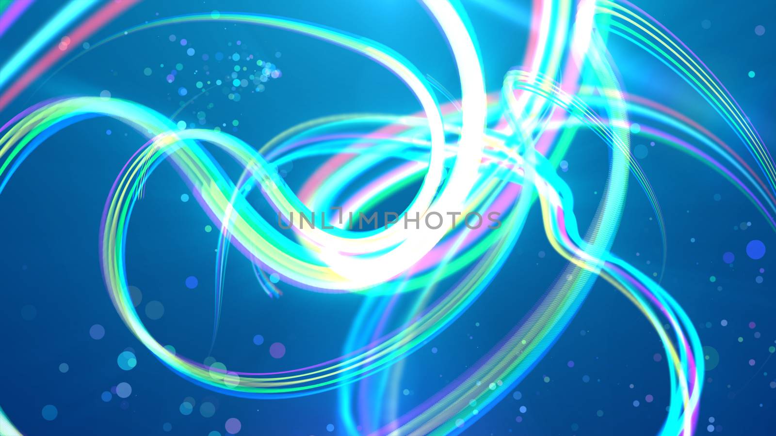 An arty 3d illustration of sparkling white and celeste strokes whirling and forming turns in the ultramarine background. Some airy and round bubbles are floating between them cheery.