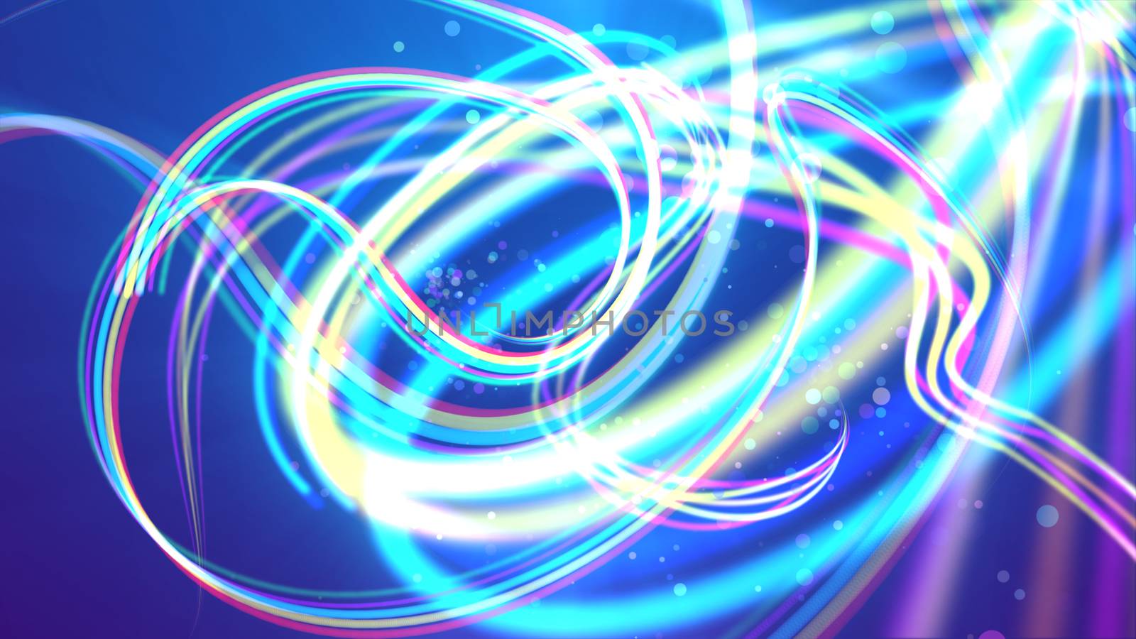 A hilarious 3d illustration of entertaining multicolored rainbow stripes curling and playing merrily in the blue background. Dozens of big and see-through soap suds fly joyfully between them. 