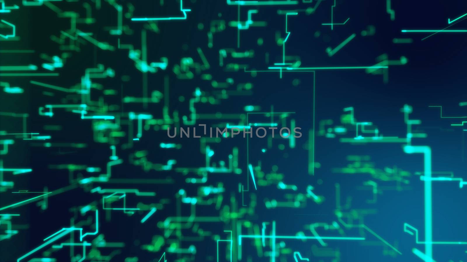 A cyberspace 3d illustration of a network from blue crisscross matrix connections shining and moving horizontally in the black background. All of them are united in one techno configuration