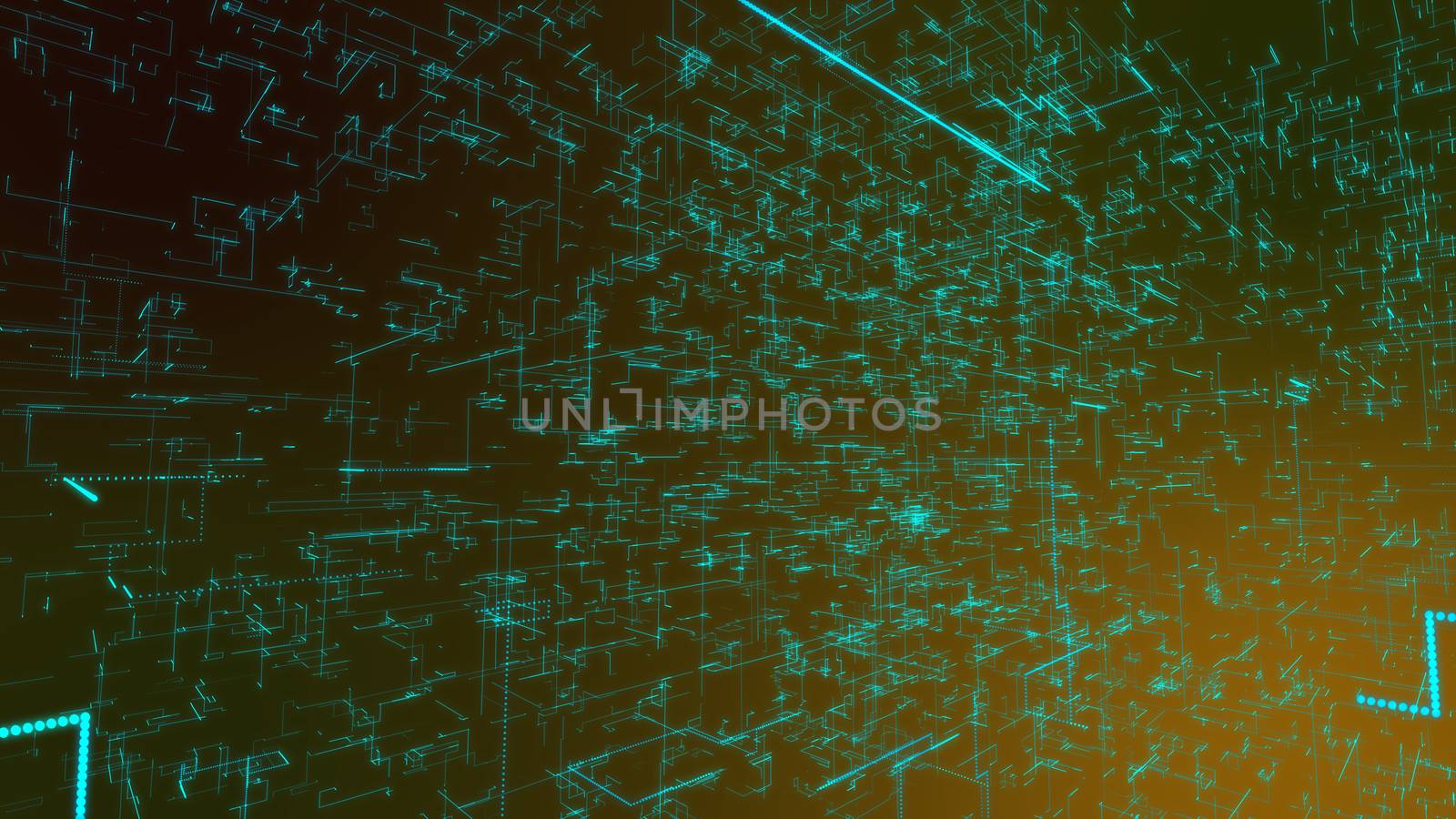 A hi-tech 3d illustration of a network of crisscross matrix tubes sparkling and moving in an enigmatic way in the black background. All zigzag pipes are connected in one advanced network