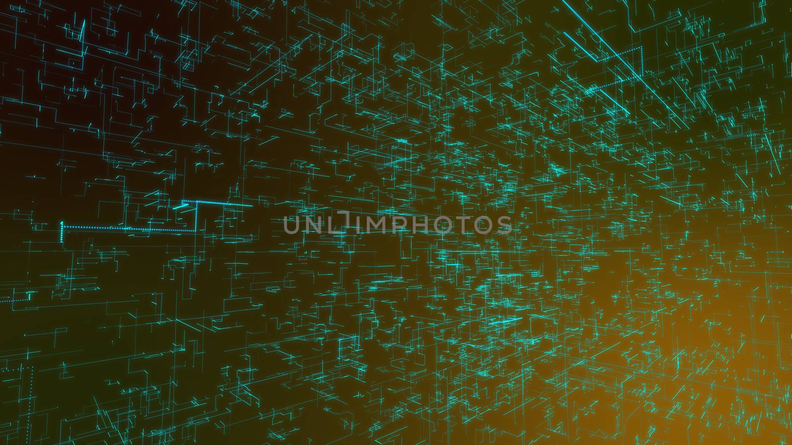 A virtual 3d illustration of a grid of celeste crisscross matrix lines glittering and rotating around in the dark blue background. All zigzag lines are connected in one futuristic configuration