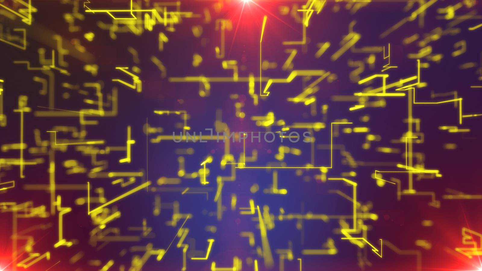 A gorgeous 3d illustration of a grid of golden crisscross matrix lines glittering and rotating around in the dark violet background. All crisscross lines are connected in one technological structure