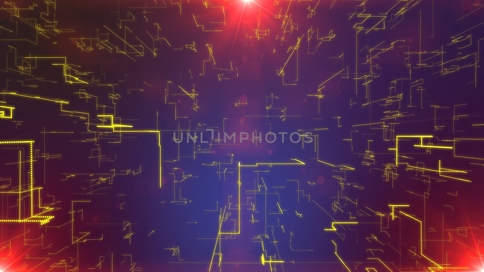 A technological 3d illustration of a grate of golden zigzag matrix plates shining in the violet background. They form some advanced communication cyberspace system with three purple plasma spots