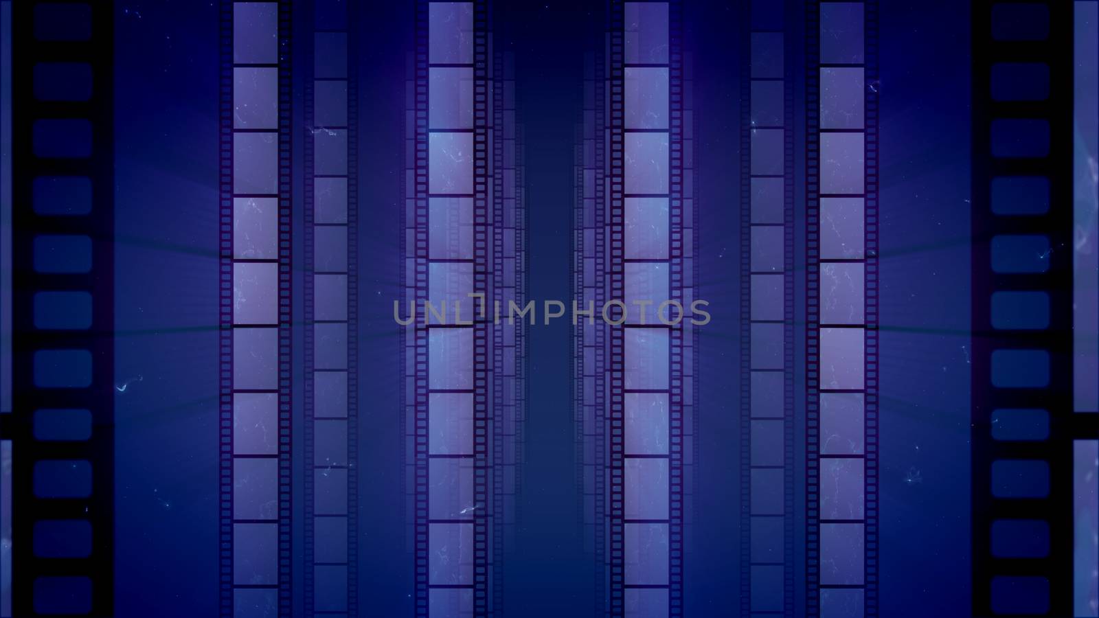 A vintage 3d illustration of vertical film tapes with black fringes with spots. They are placed in the dark blue background. They create the mood of creativity, optimism and high art.