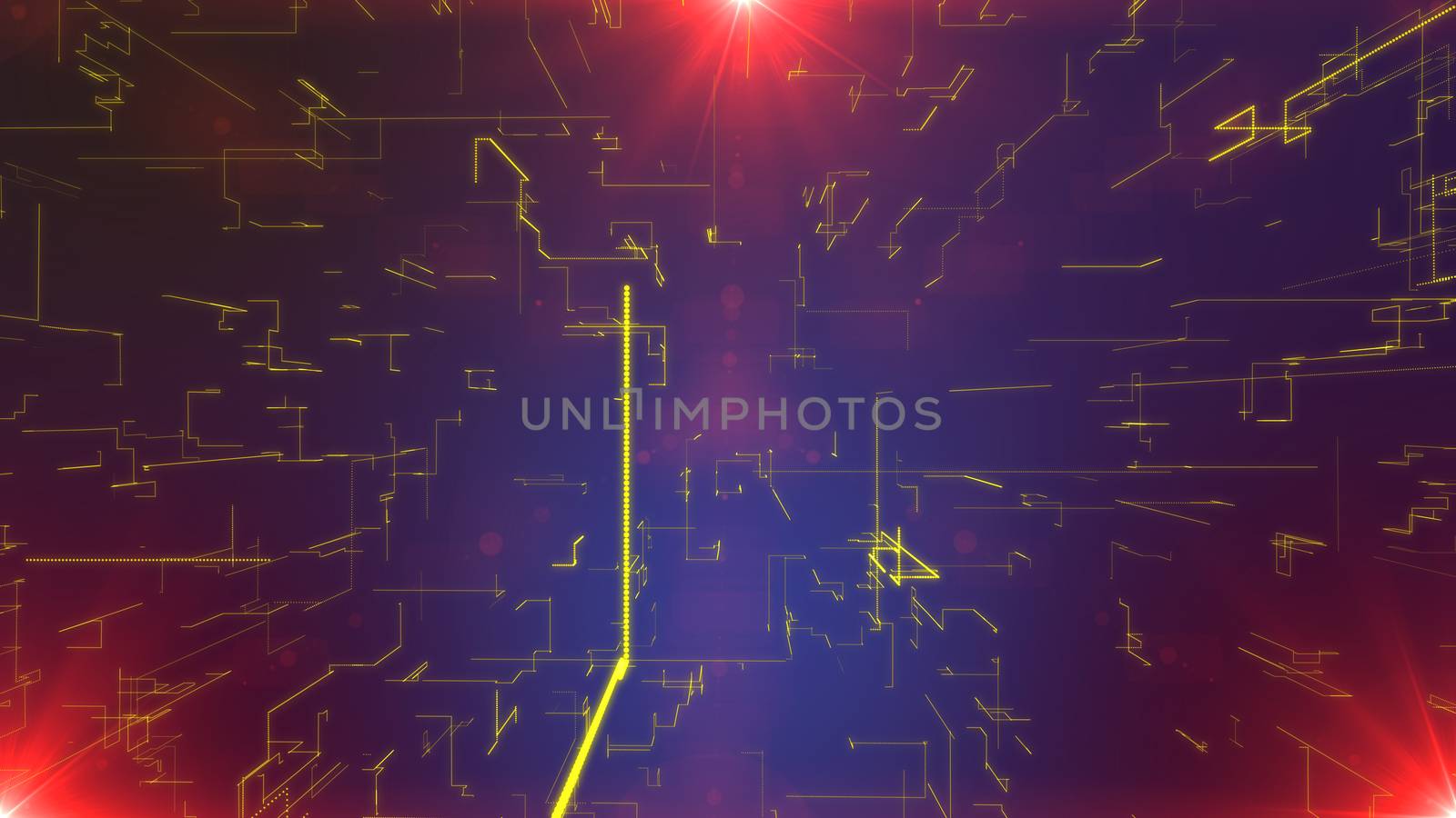A wonderful 3d illustration of a grid of yellow zigzag matrix stripes dazzling in the violet background. They shape some giant communication cyberspace system having three red plasma spots.