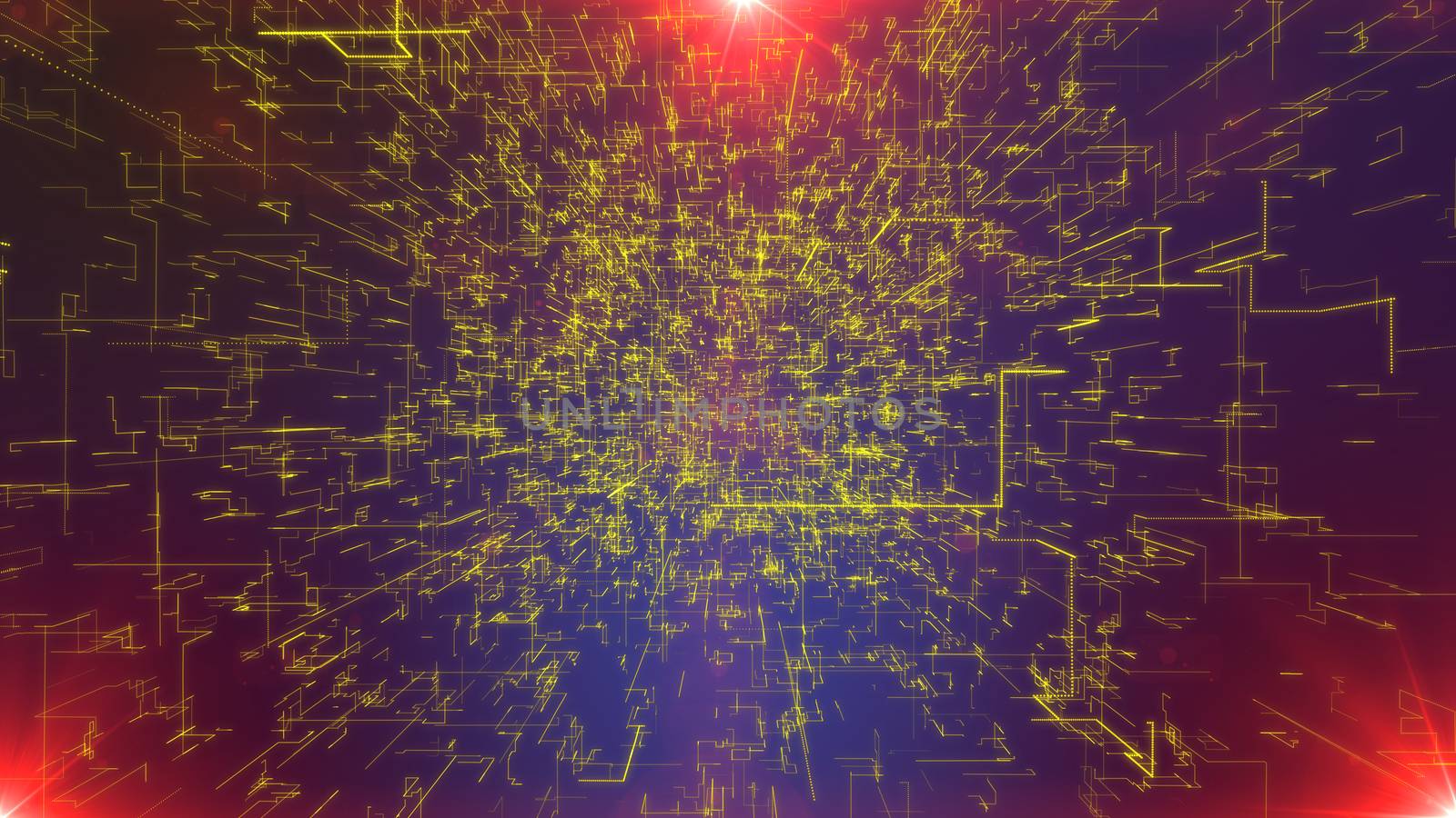 3d illustration of a mesh of yellow zigzag matrix stripes shimmering in the violet background. All crisscross lines are linked in one cyberspace structure. Three red dots are sparkling brightly.