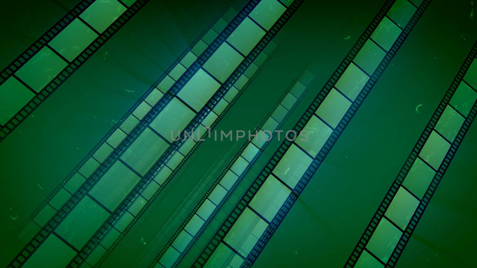 An impressive 3d illustration of salad straight film stripes put aslant moving forward in the dark green background. They produce the feeling of high art, inspiration and cheerfulness