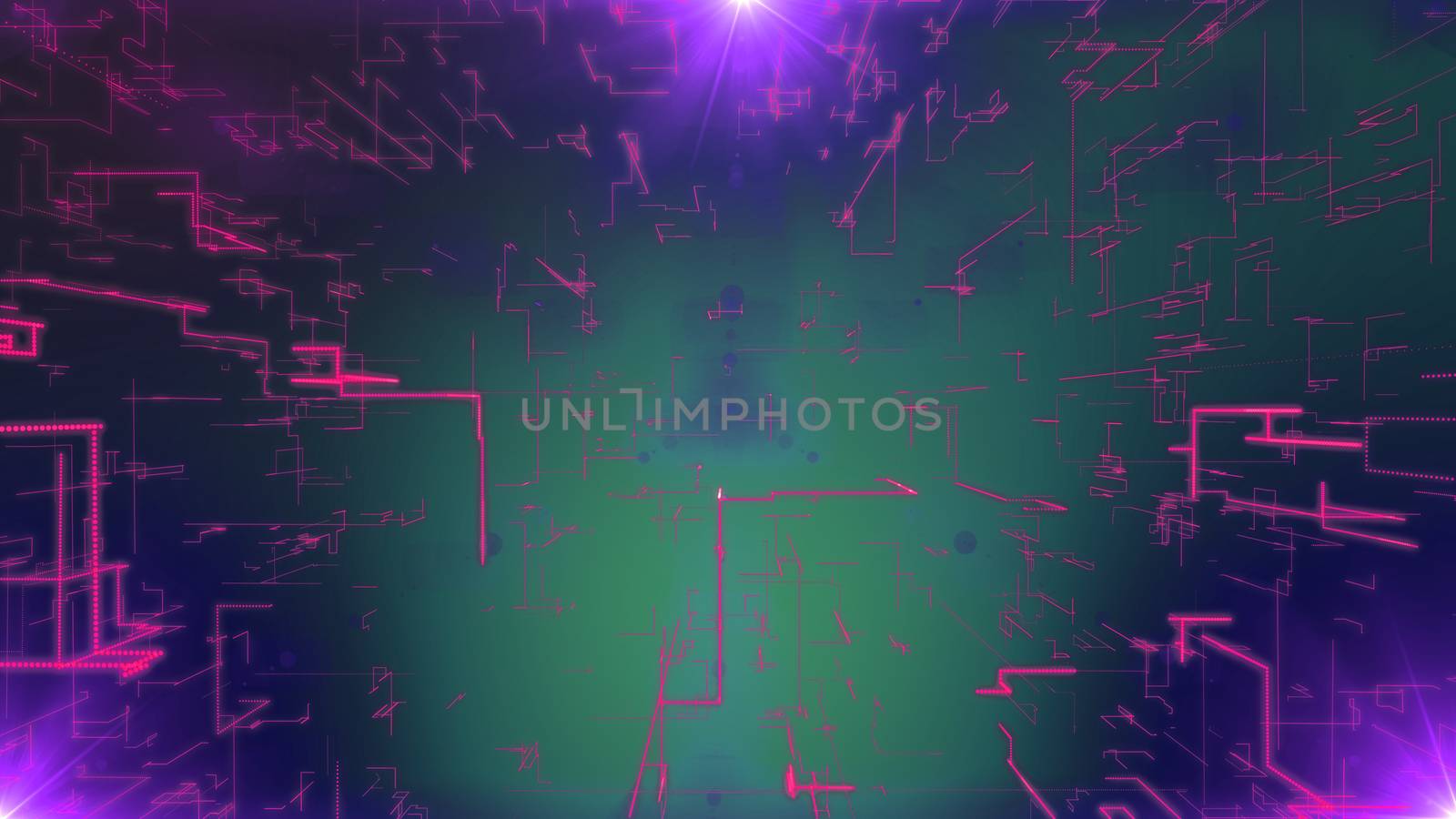 A futuristic 3d illustration of a mesh of pink zigzag matrix plates dazzling in the violet background. They compose some innovative communication cyberspace system with three yellow plasma spots.
