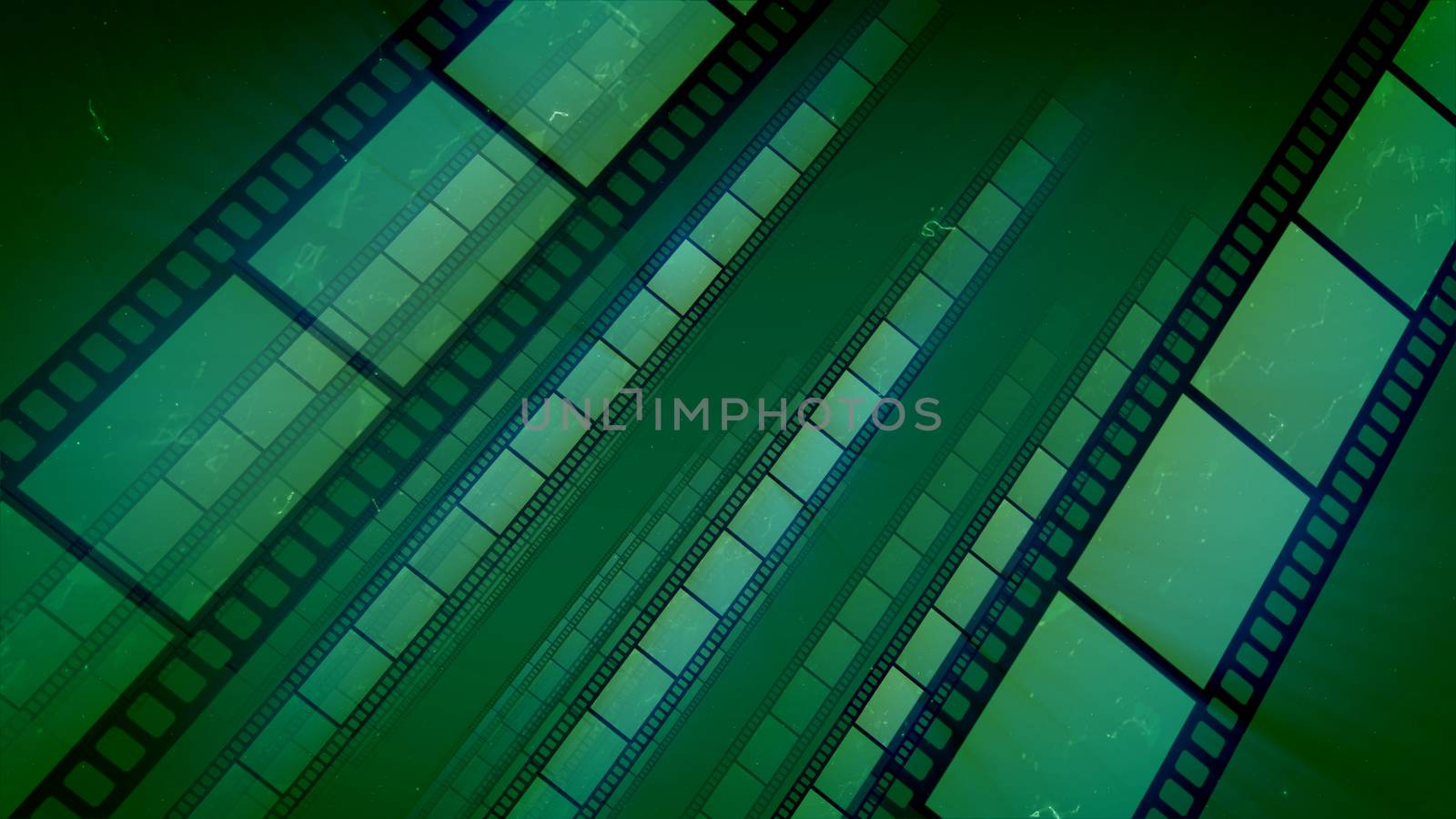 A stunning 3d illustration of salad straight film tapes put diagonally moving forward in the dark green background. They generate the feeling of nostalgia, Hollywood art, inspiration and luck