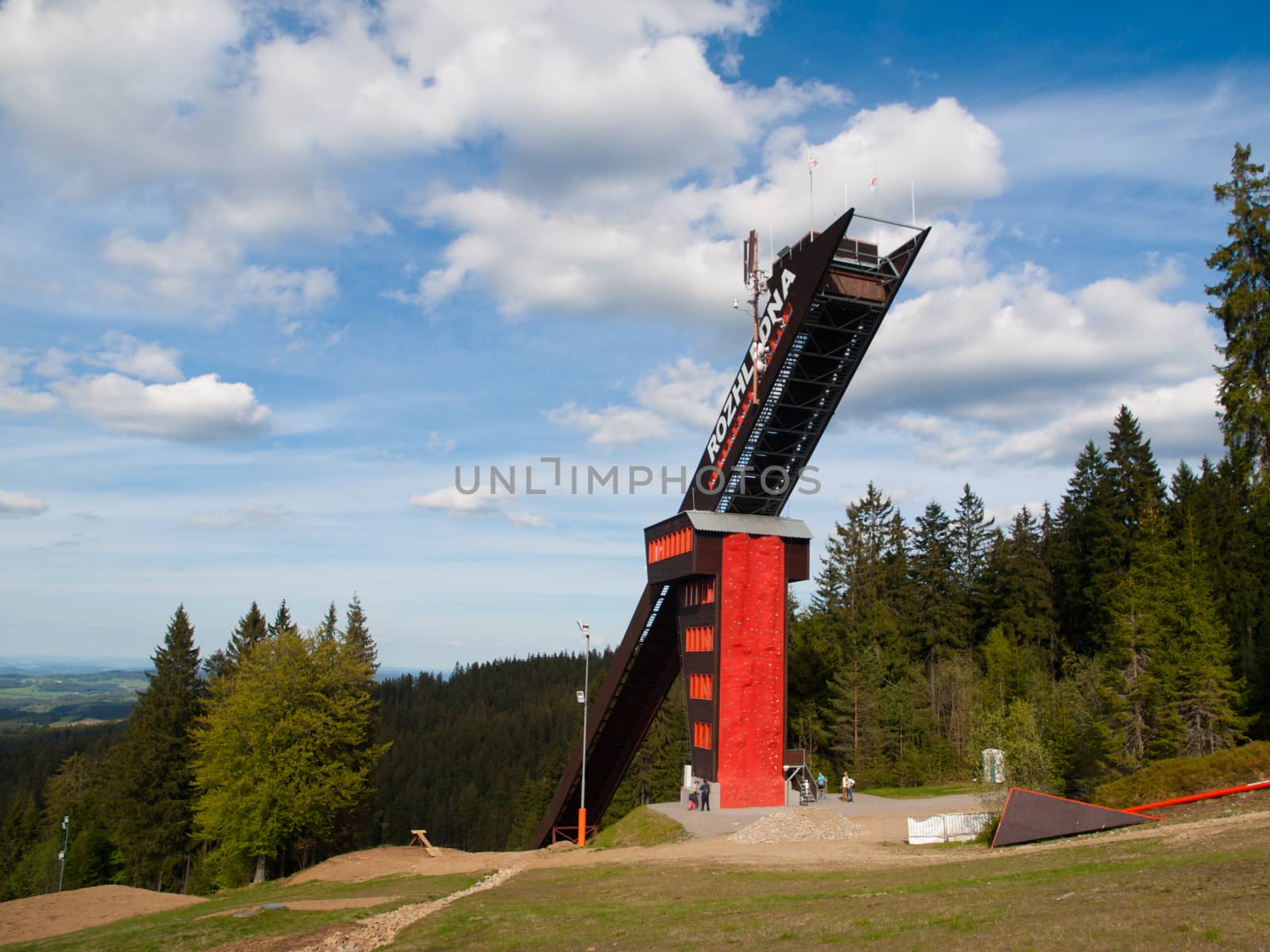 Zadov lookout tower - former ski jump in Sumava Mountains, Czech Republic.