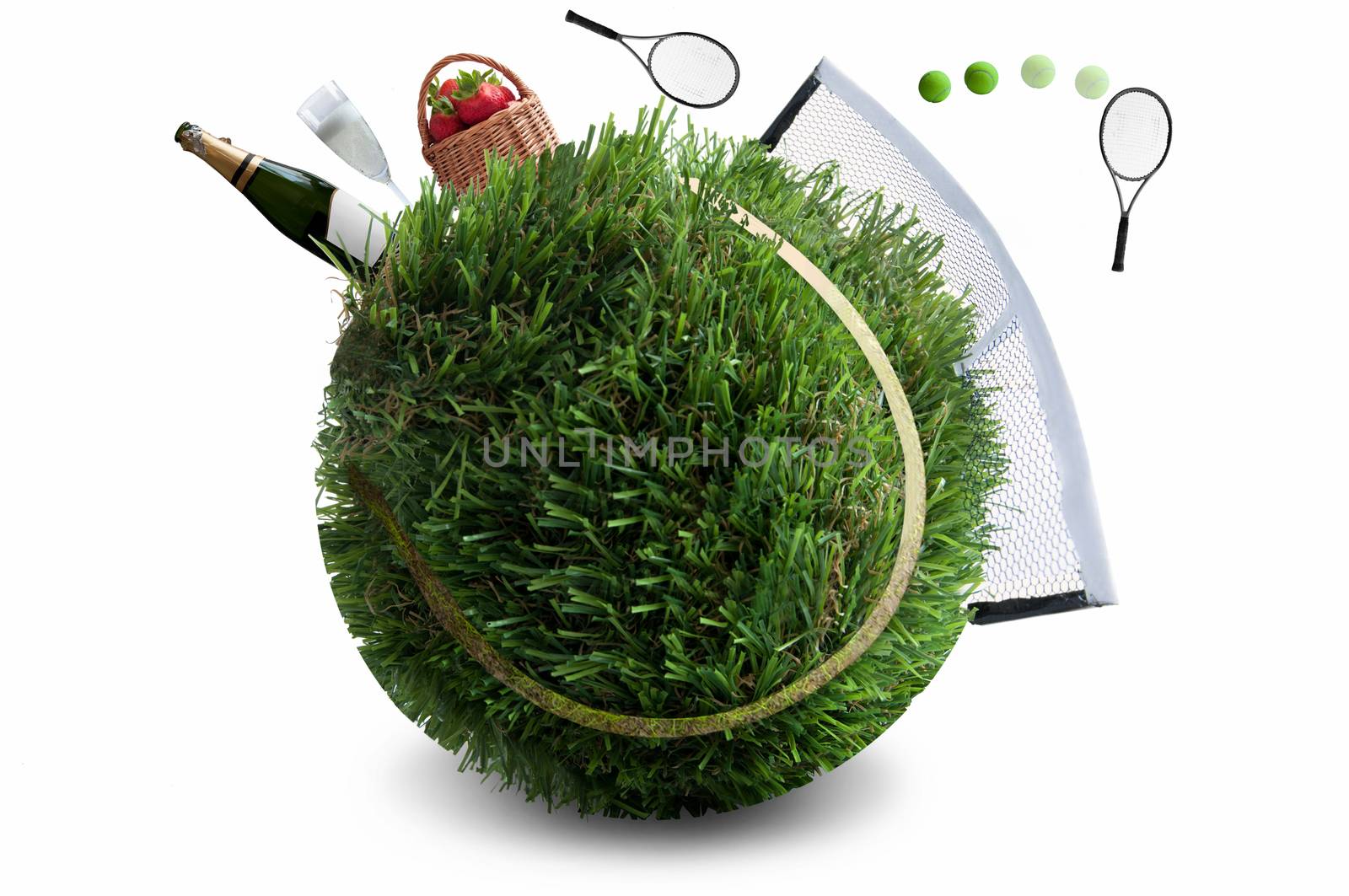 Tennis ball made from grass with net and game, champagne and strawberries