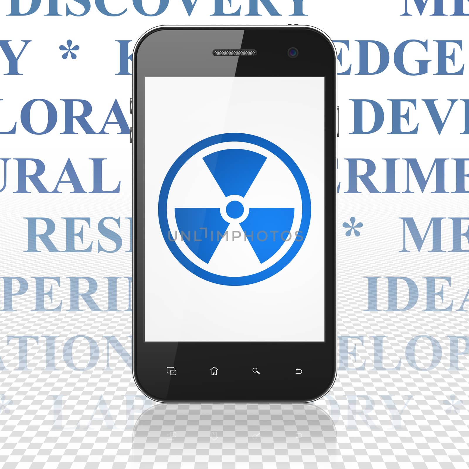 Science concept: Smartphone with  blue Radiation icon on display,  Tag Cloud background, 3D rendering