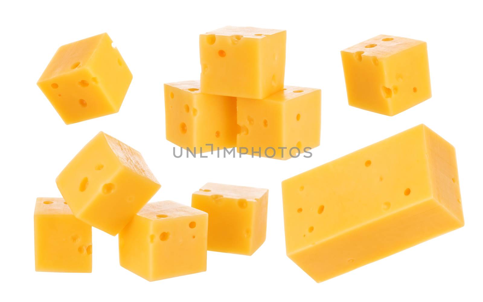 Cheese cubes isolated on white background. With clipping path. by xamtiw
