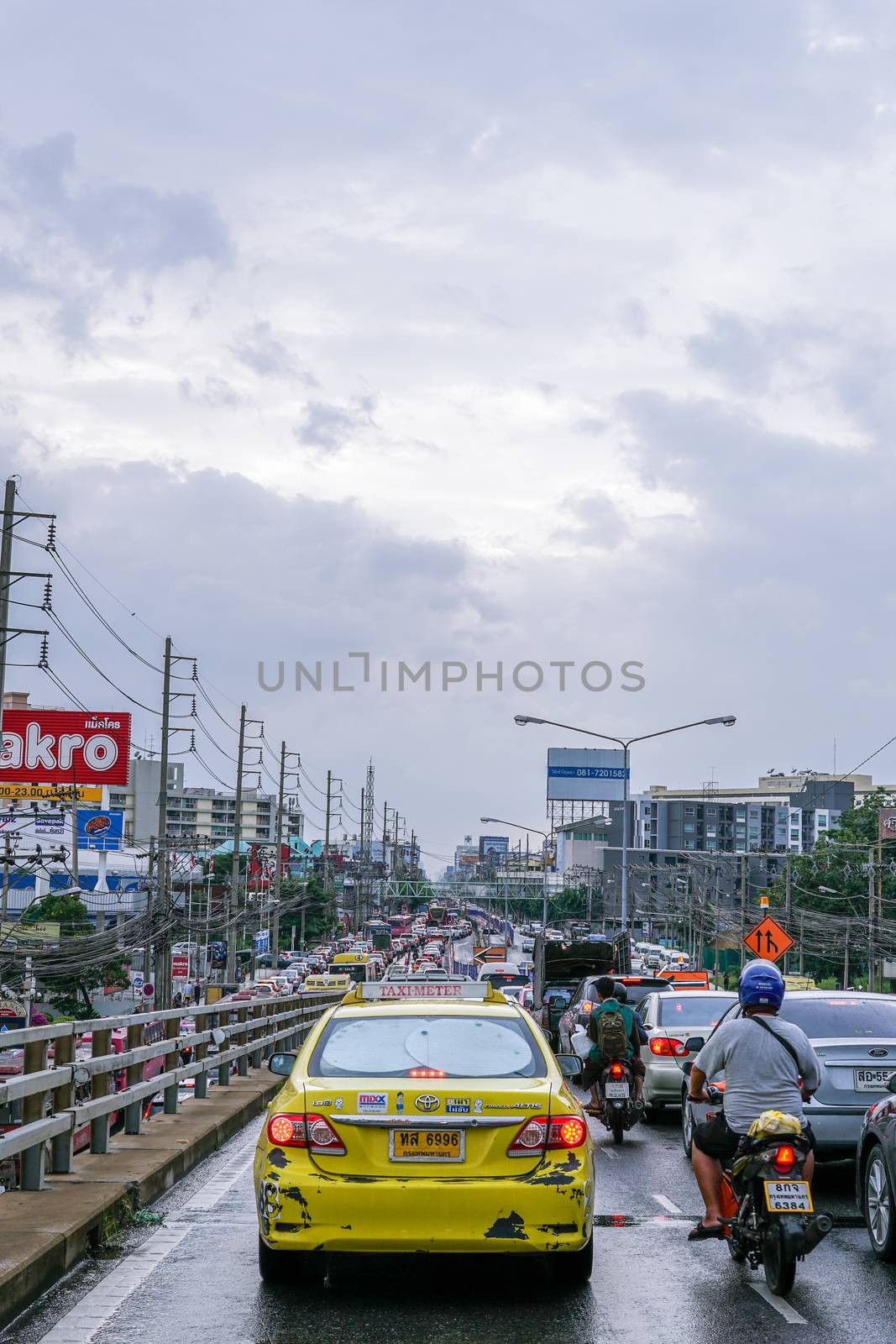 BANGKOK THAILAND - July 14 2018 :Traffic jam after rain at Ladprao road in Bangkok, Thailand.